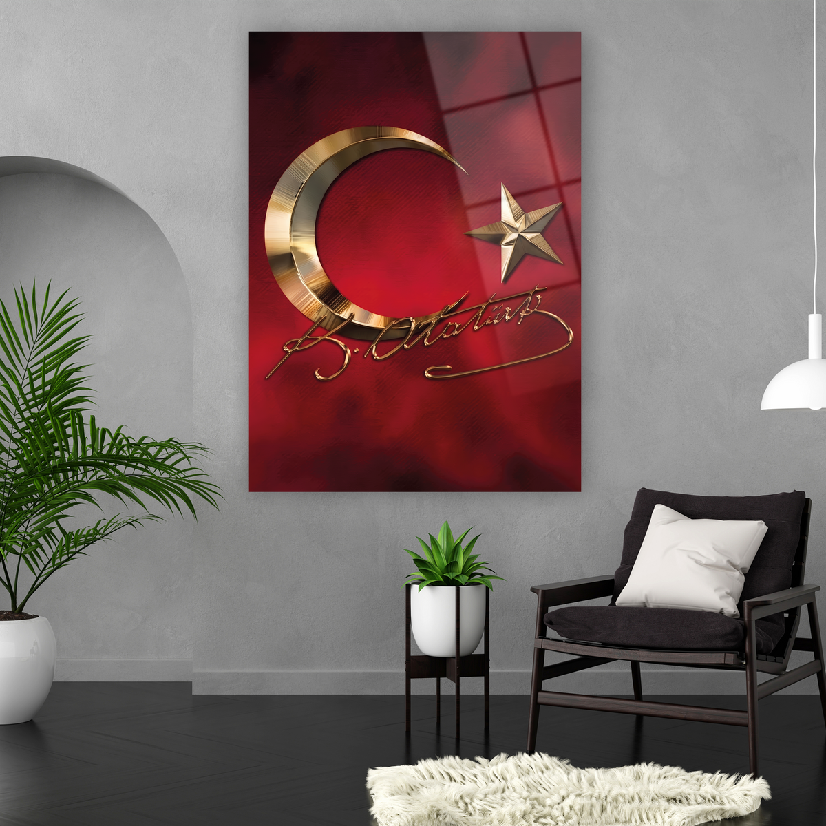 Minimal bordo arka planlı ay yıldız ve imza temalı cam tablo