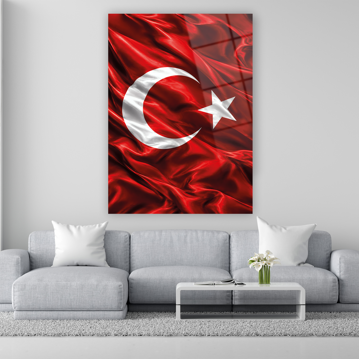 Dalgalı kırmızı Türk Bayrağı ay yıldız cam tablo