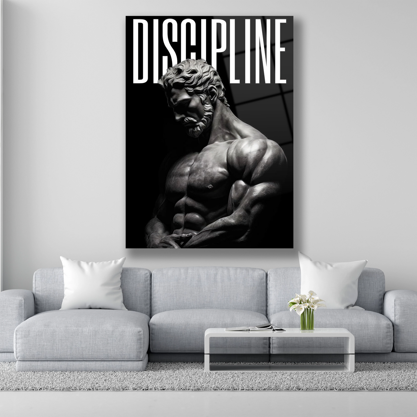 discipline yazılı siyah beyaz heykel cam tablo