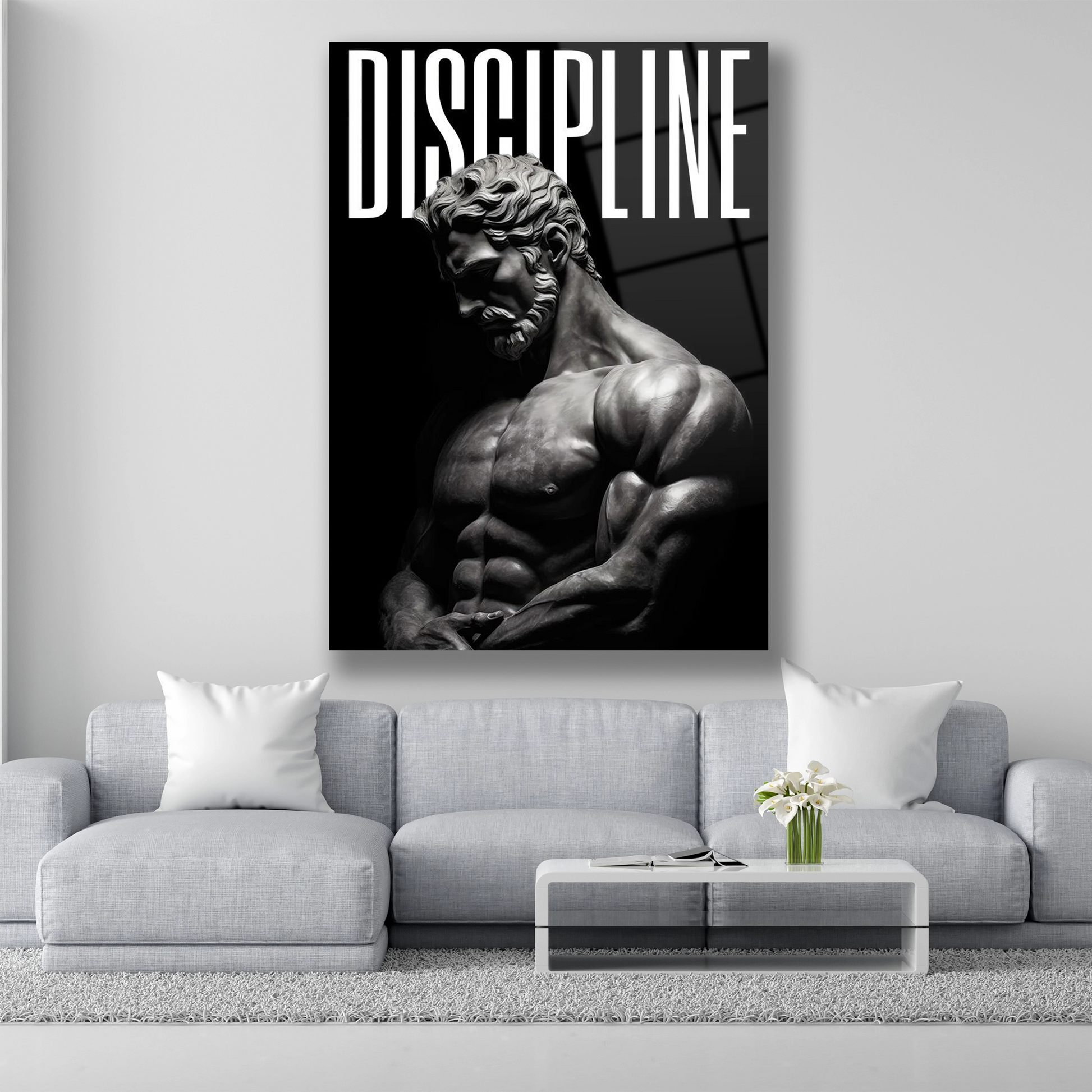 discipline yazılı siyah beyaz heykel cam tablo