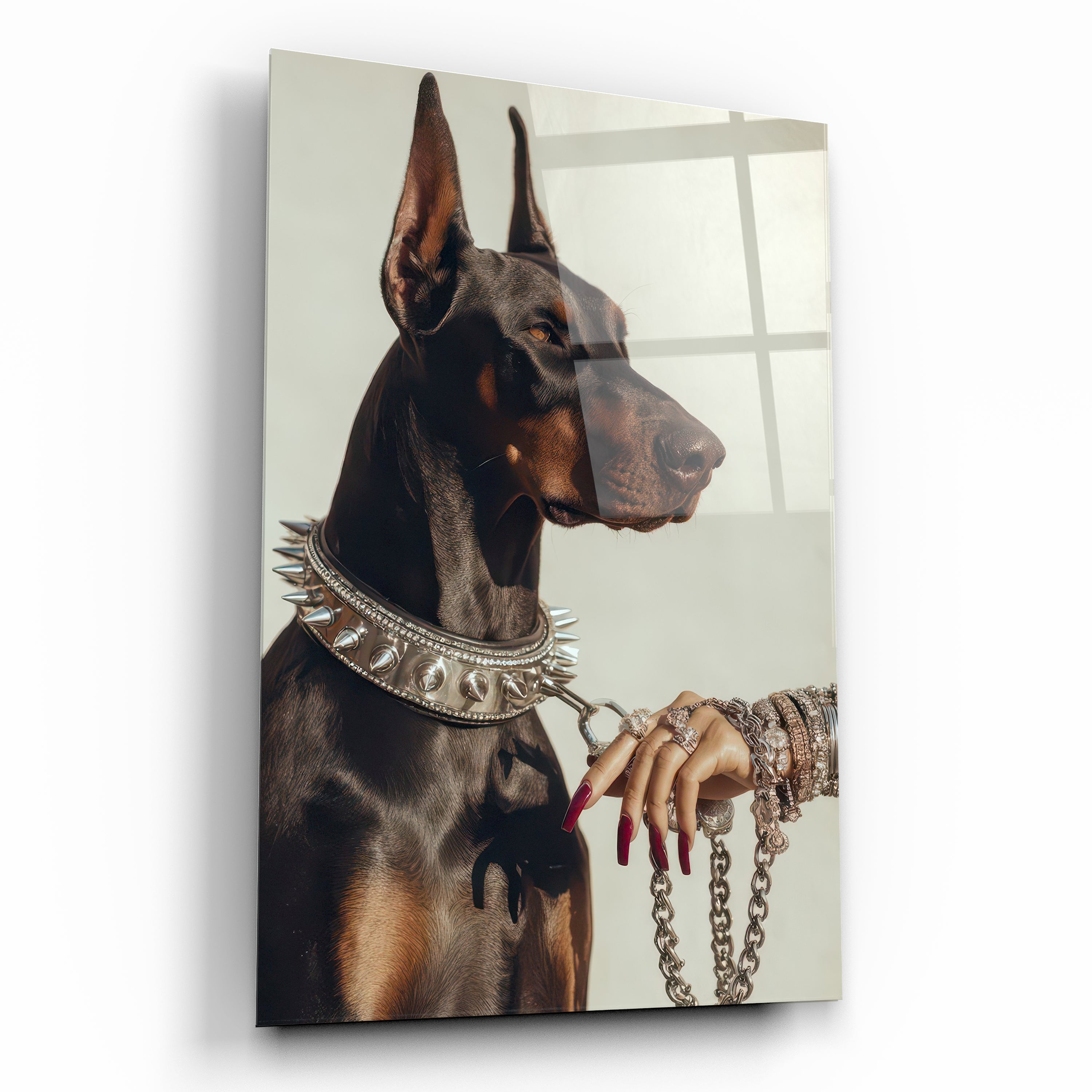 Gümüş Tasmalı Doberman ve Lüks Moda Temalı Cam Tablo
