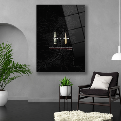 Siyah Harita Üzerinde Dolar ve Mermi Temalı Cam Baskı