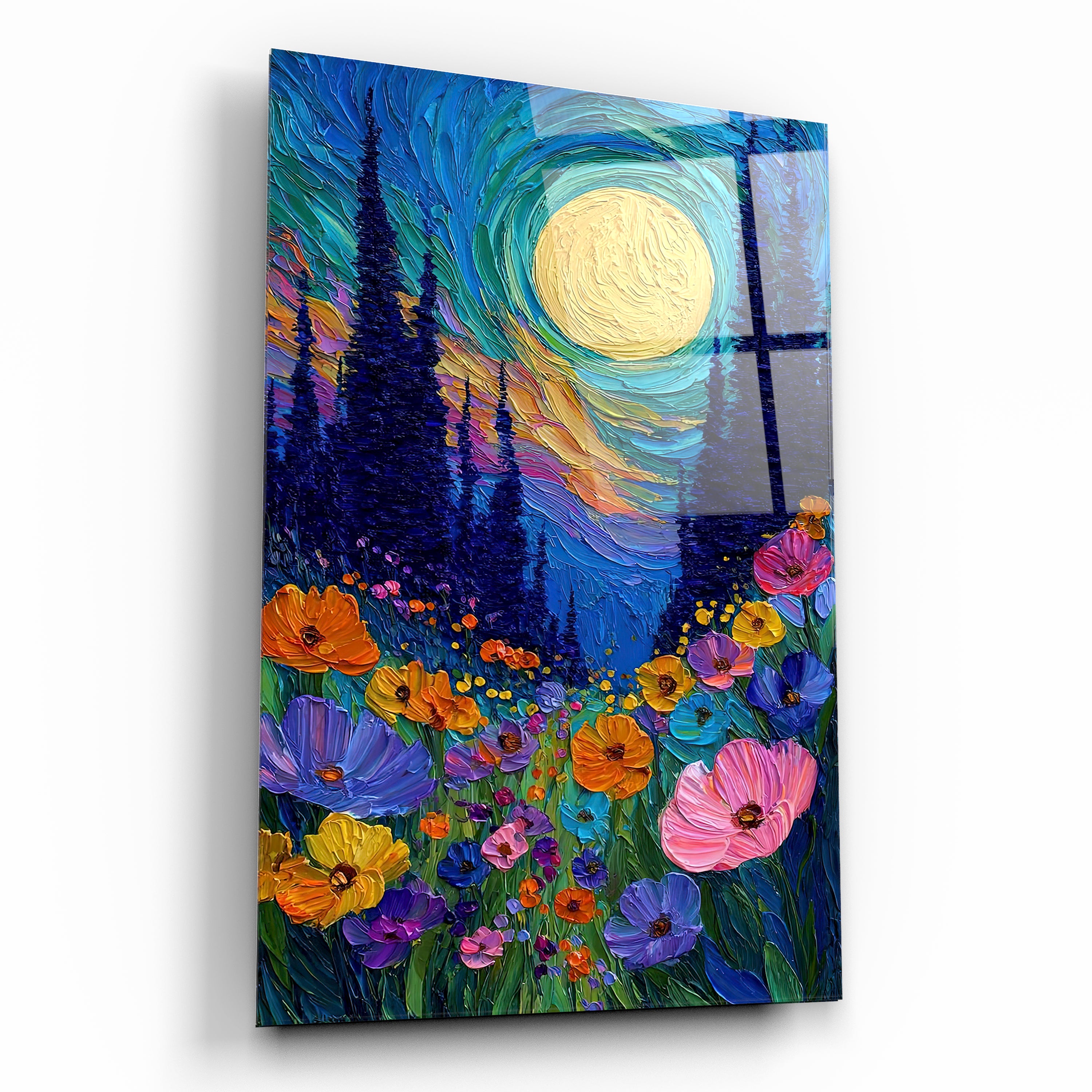 van gogh stili dolunay ve renkli çiçekler cam tablo