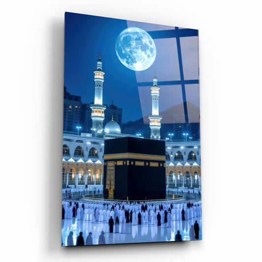 Dev Dolunay Altında Kabe ve Mescid-i Haram Cam Tablo