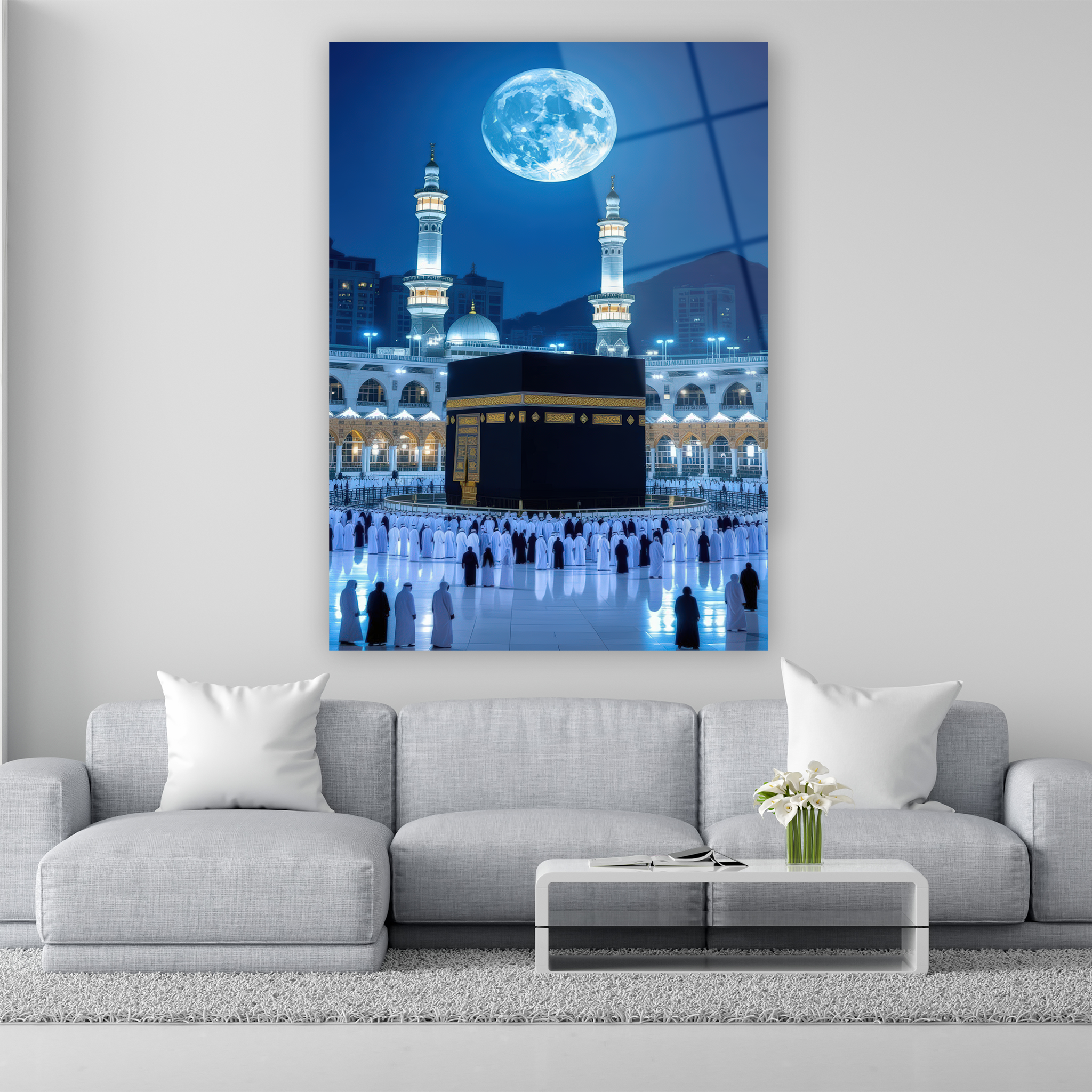 dev dolunay altında kabe ve mescid-i haram manzaralı cam tablo