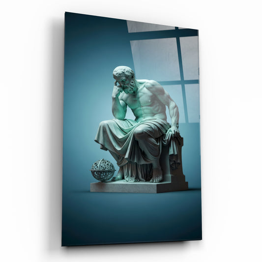 Düşünen Filozof ve Küre: Antik Heykel Görünümlü Cam Tablo