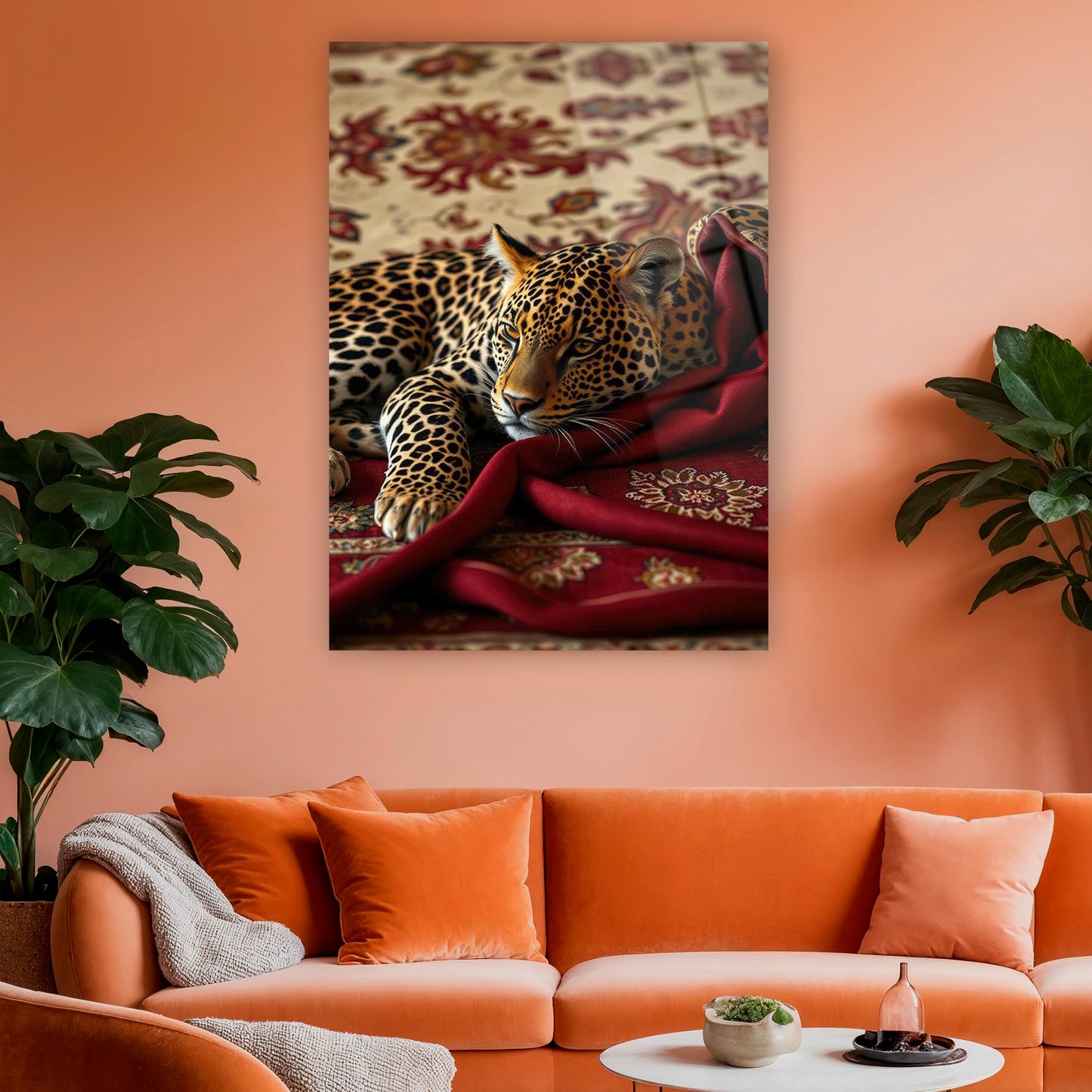 Oturma odası dekorasyonu için egzotik leopar figürlü cam baskı