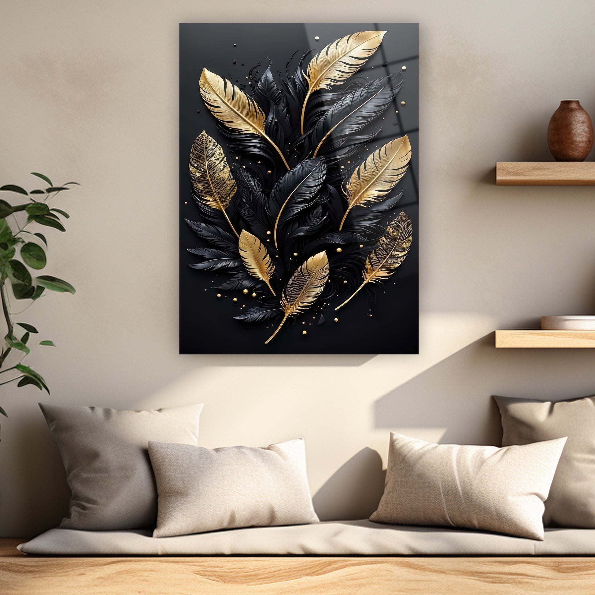 abstract luxury feathers glass art print