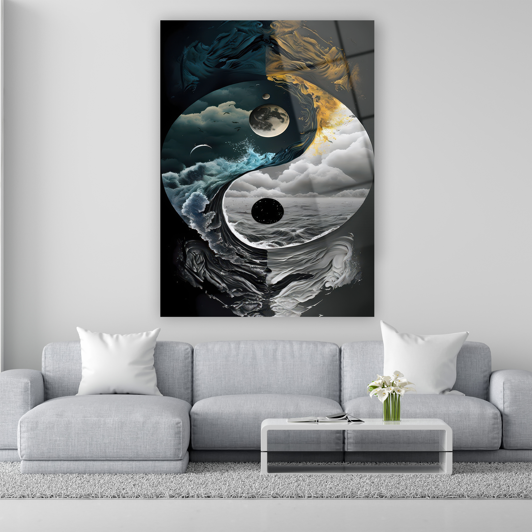 elementler temalı yin yang cam tablo