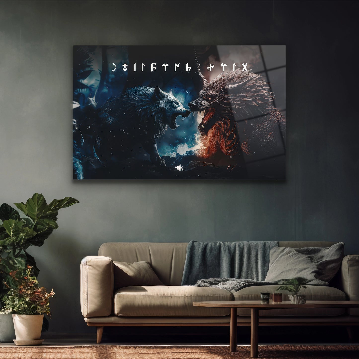 Yatay formda epik kurt savaşı duvar dekorasyonu