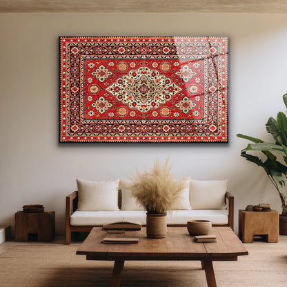 Beyaz duvarlı modern odada asılı geleneksel motifli duvar panosu