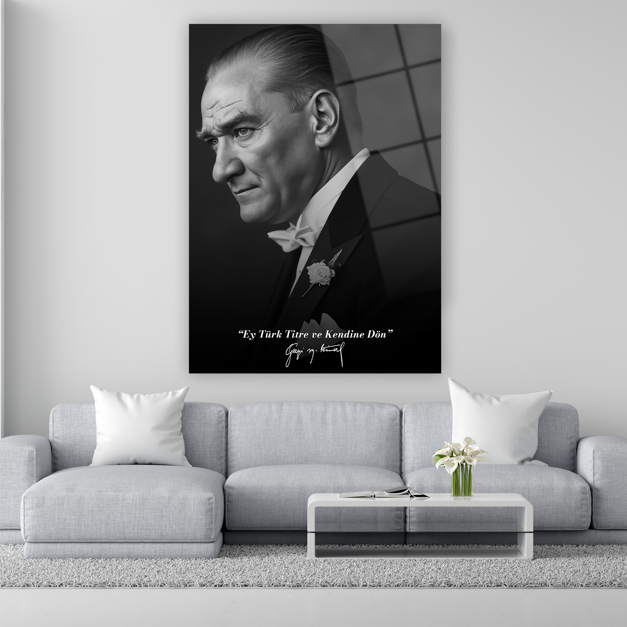 ey türk titre ve kendine dön yazılı atatürk cam tablo