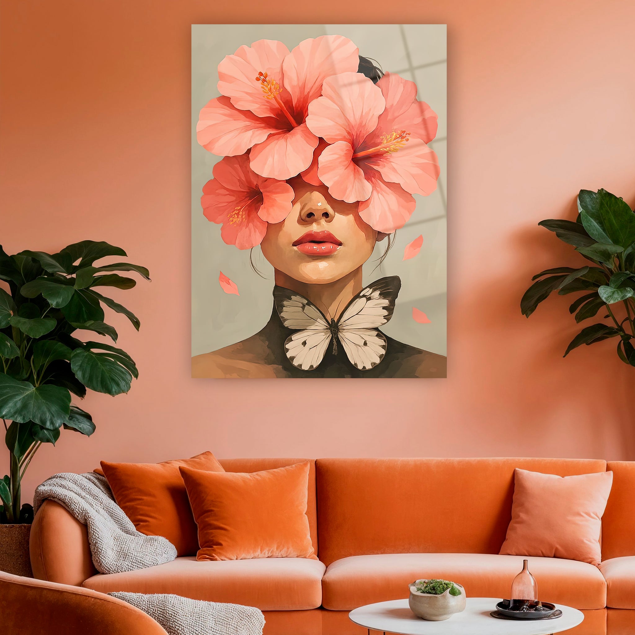 kırmızı hibiskus çiçekli 4mm temperli cam tablo dekorica