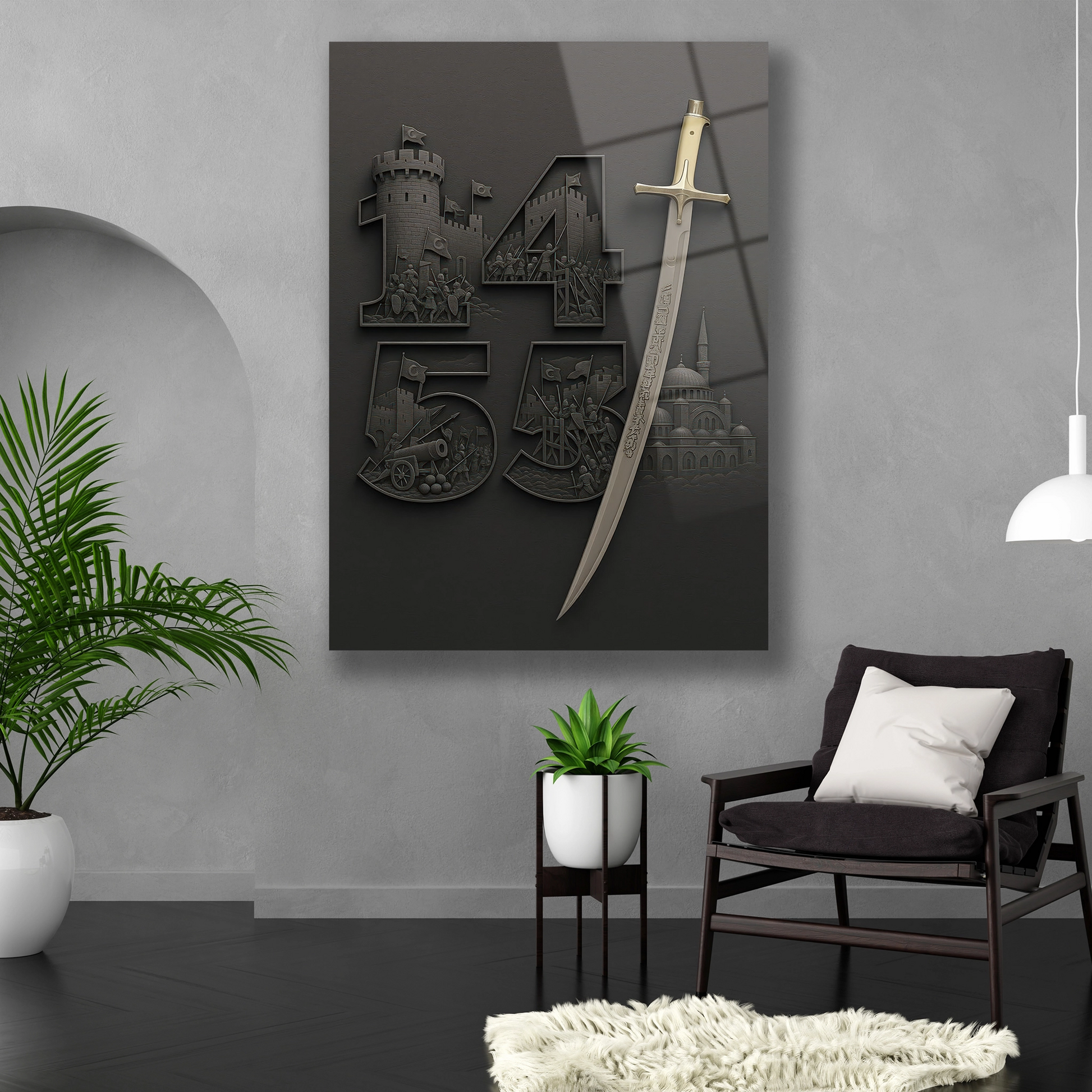 Osmanlı kılıcı ve fetih detaylı temperli cam tablo