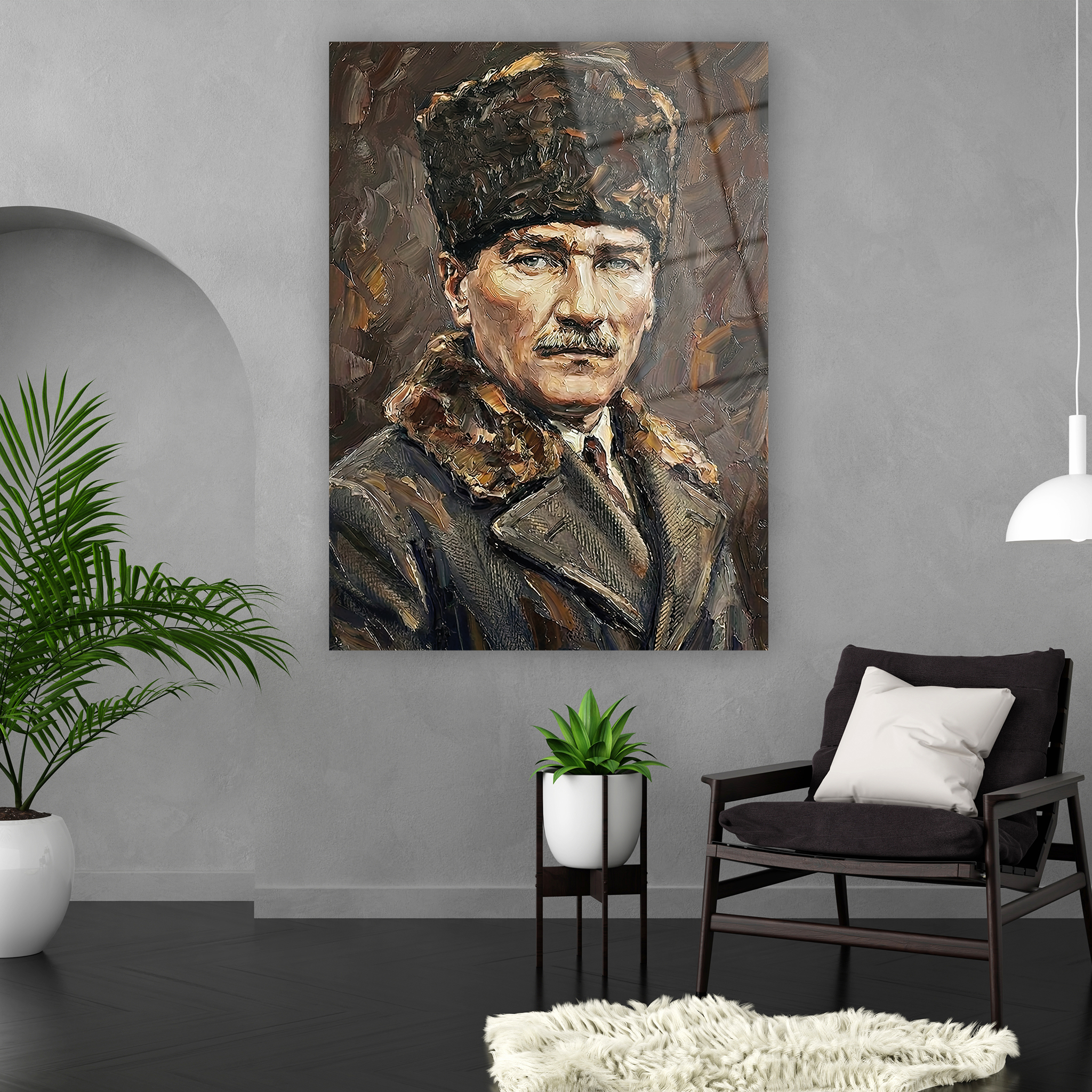 kalpaklı atatürk sanatsal portre cam tablo tasarımı