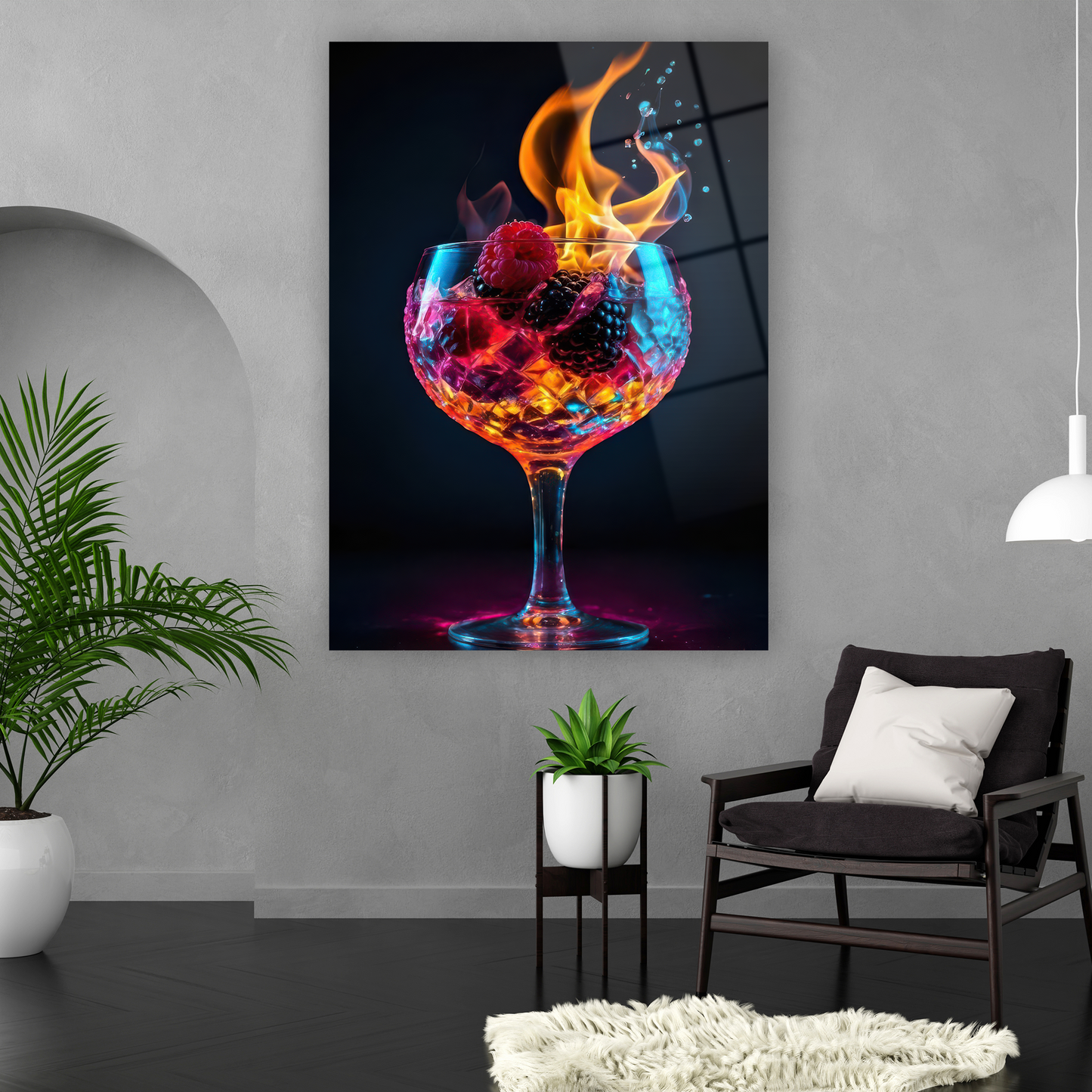 flaming cocktail with berries neon glass art