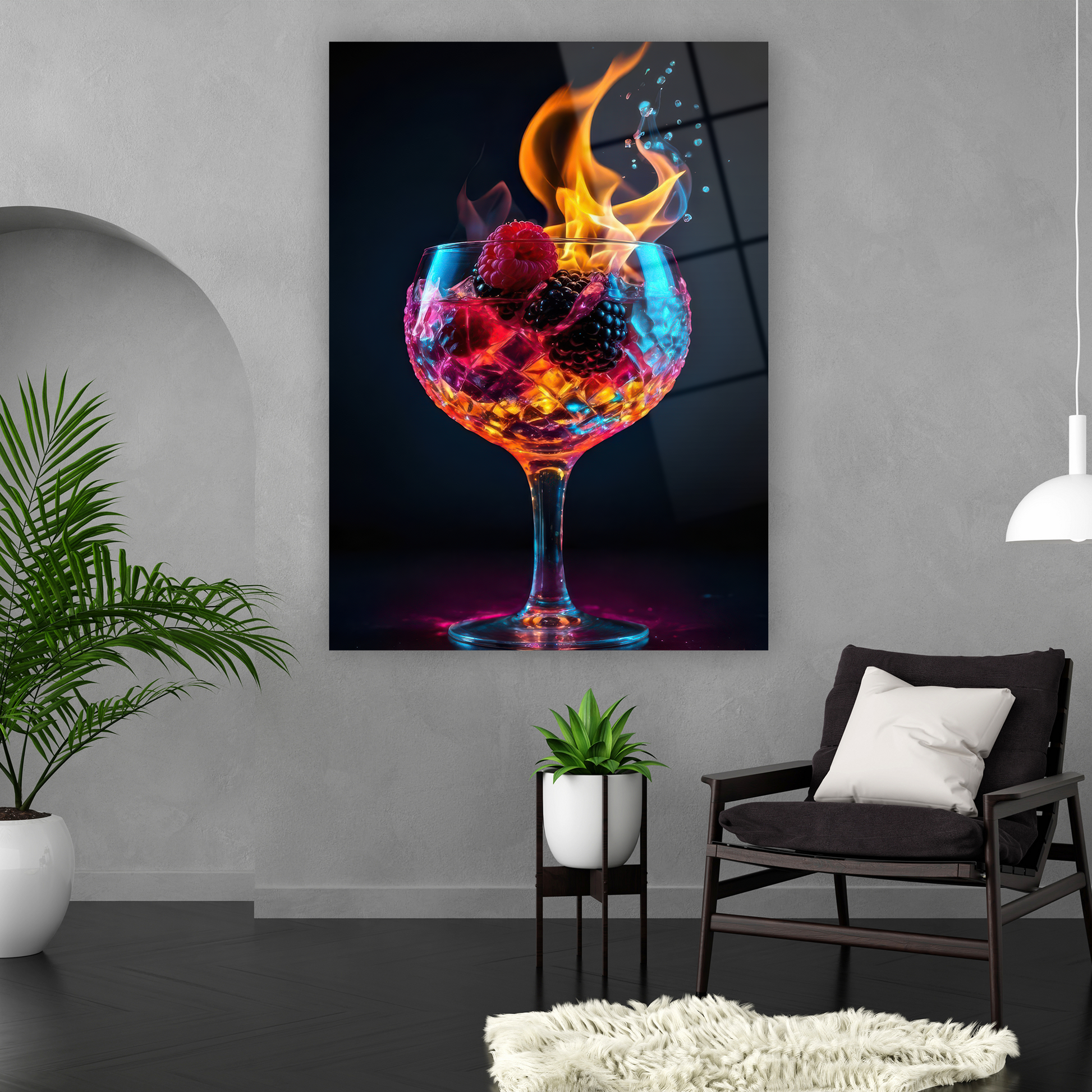 flaming cocktail with berries neon glass art