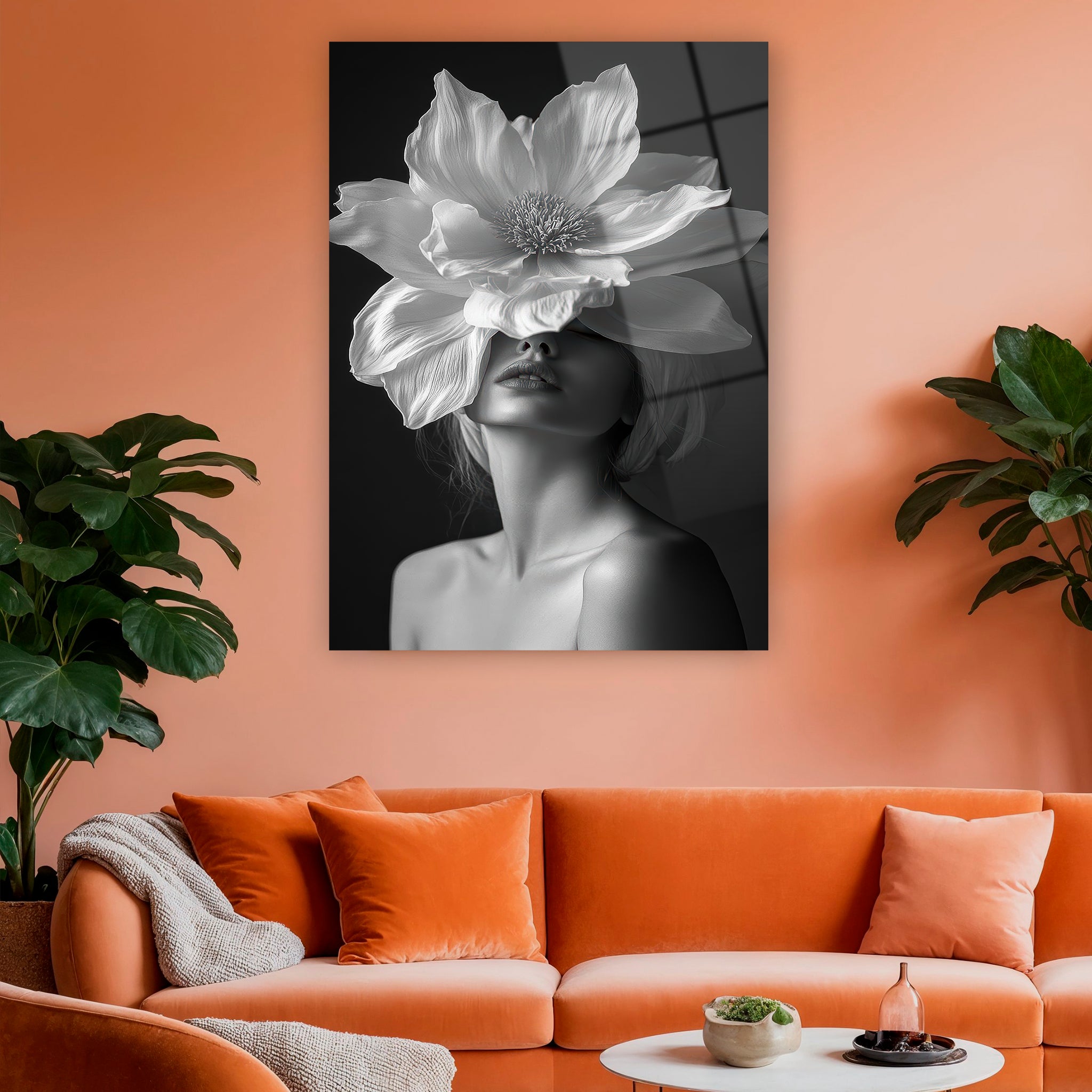 surreal flower head woman black and white glass art