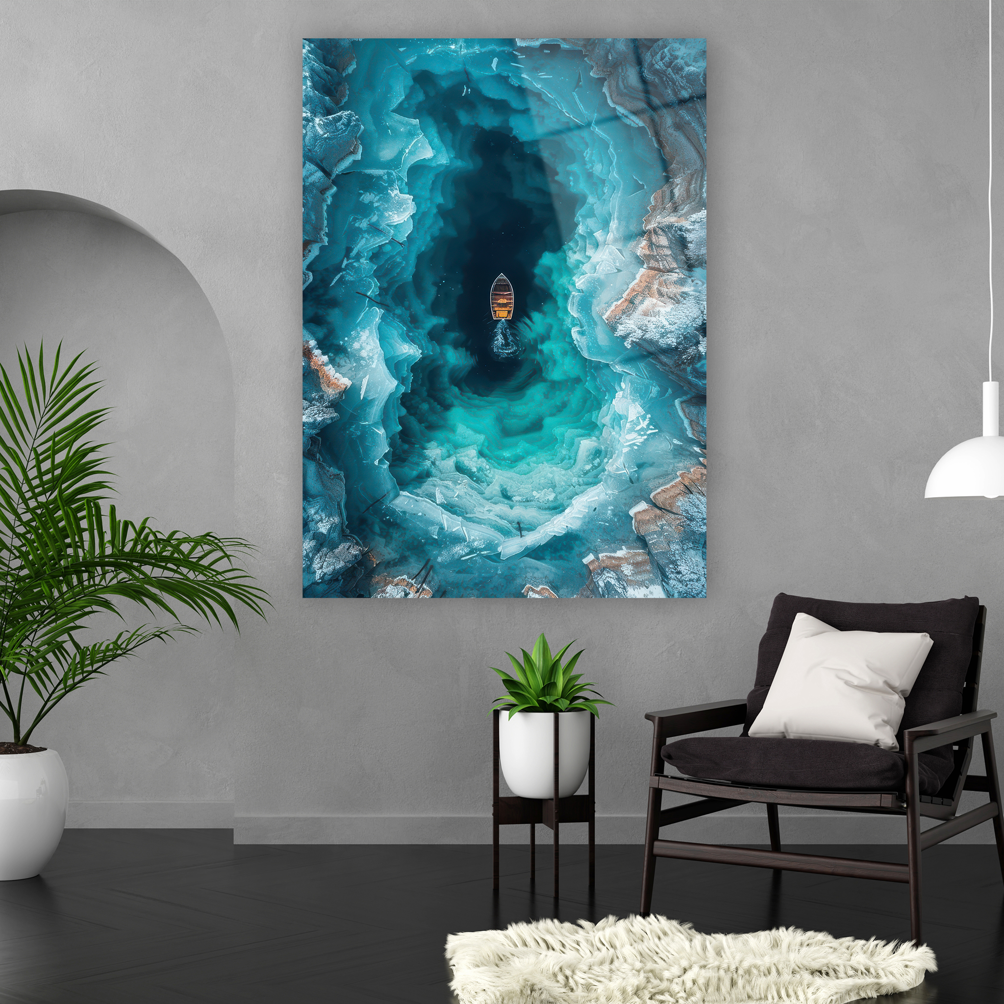 aerial view boat in ice canyon glass art