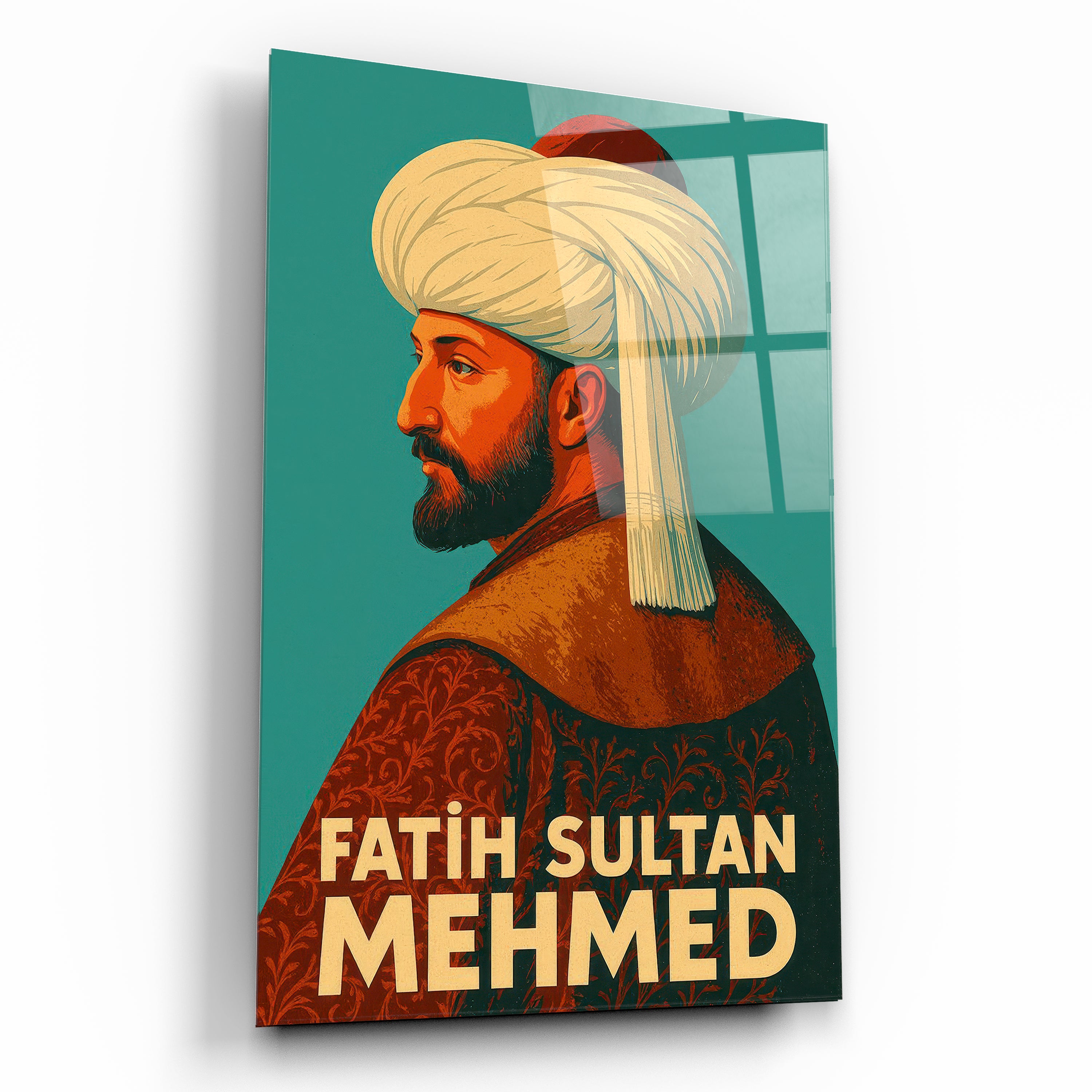 Modern Retro Tarzı Fatih Sultan Mehmed Cam Tablo