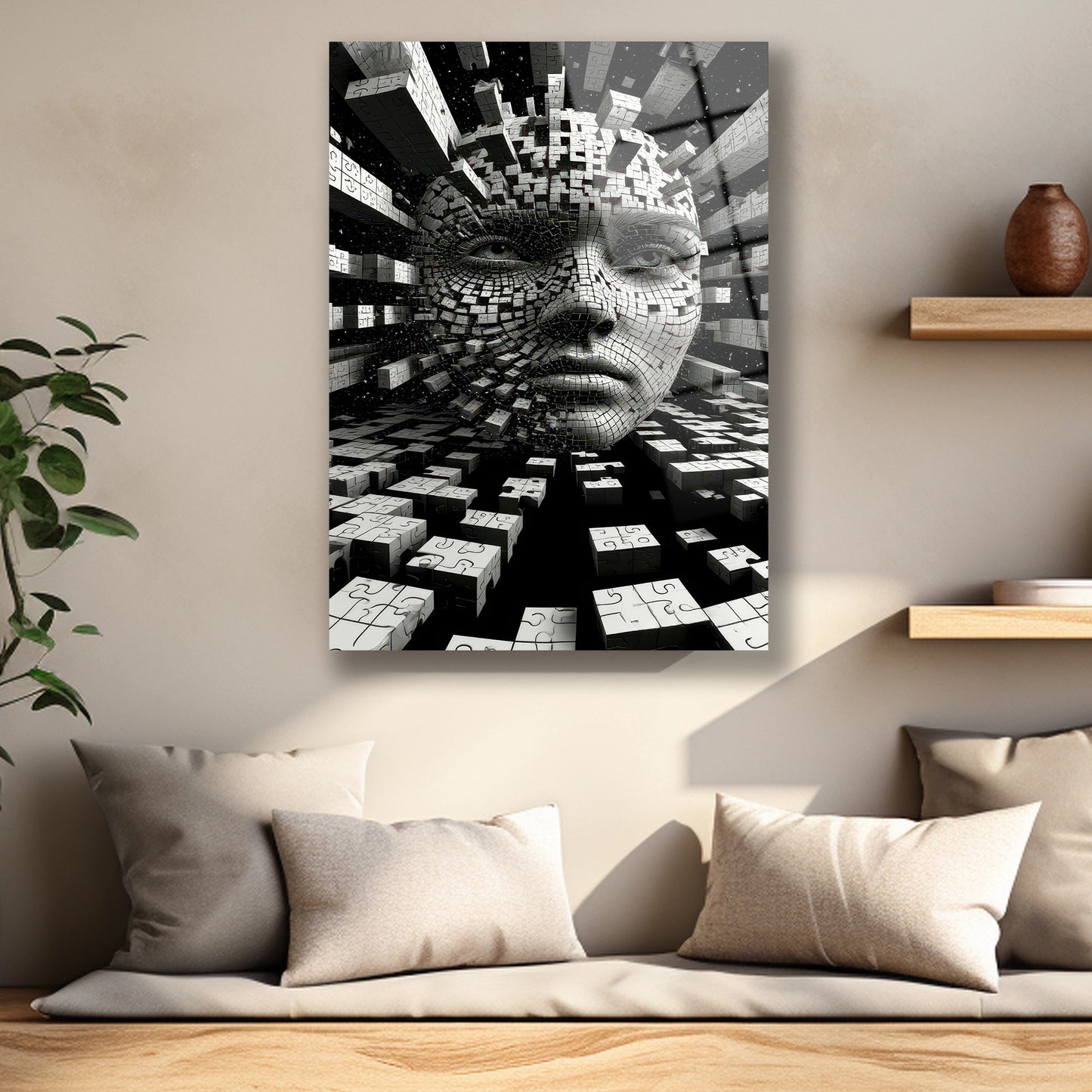 Havada uçuşan beyaz yapboz küpleri ve yüz detayı cam baskı