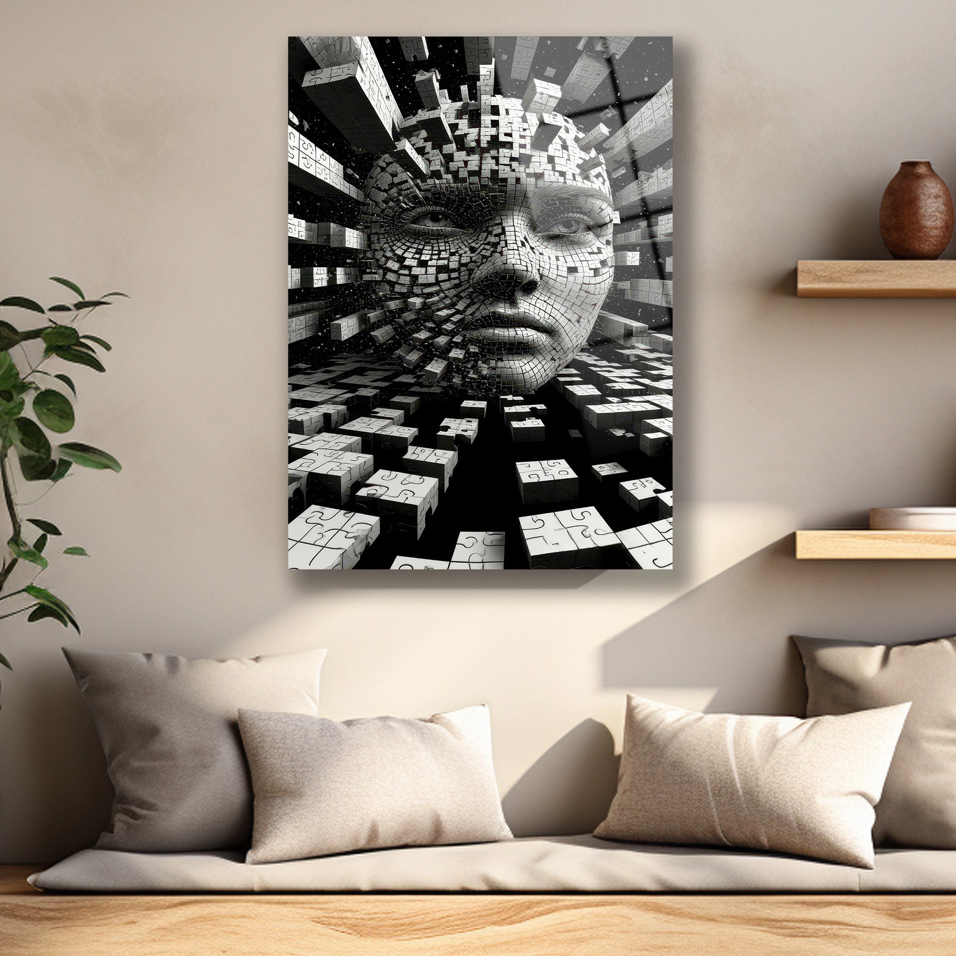 Havada uçuşan beyaz yapboz küpleri ve yüz detayı cam baskı