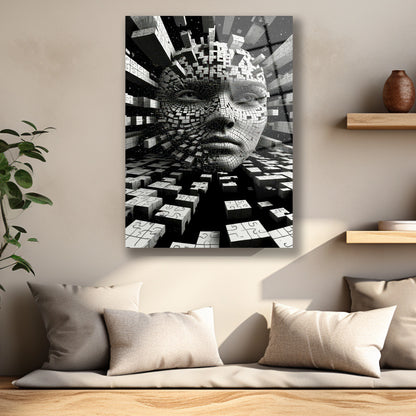 Havada uçuşan beyaz yapboz küpleri ve yüz detayı cam baskı