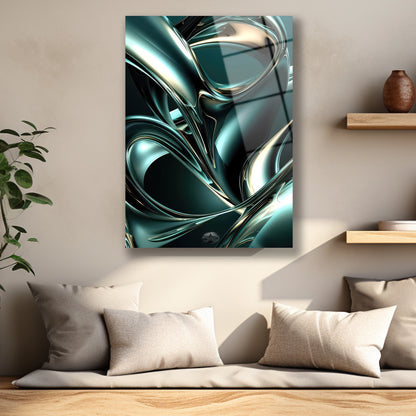 Parlak sıvı metal dokusu ve ışık yansımaları detaylı cam baskı