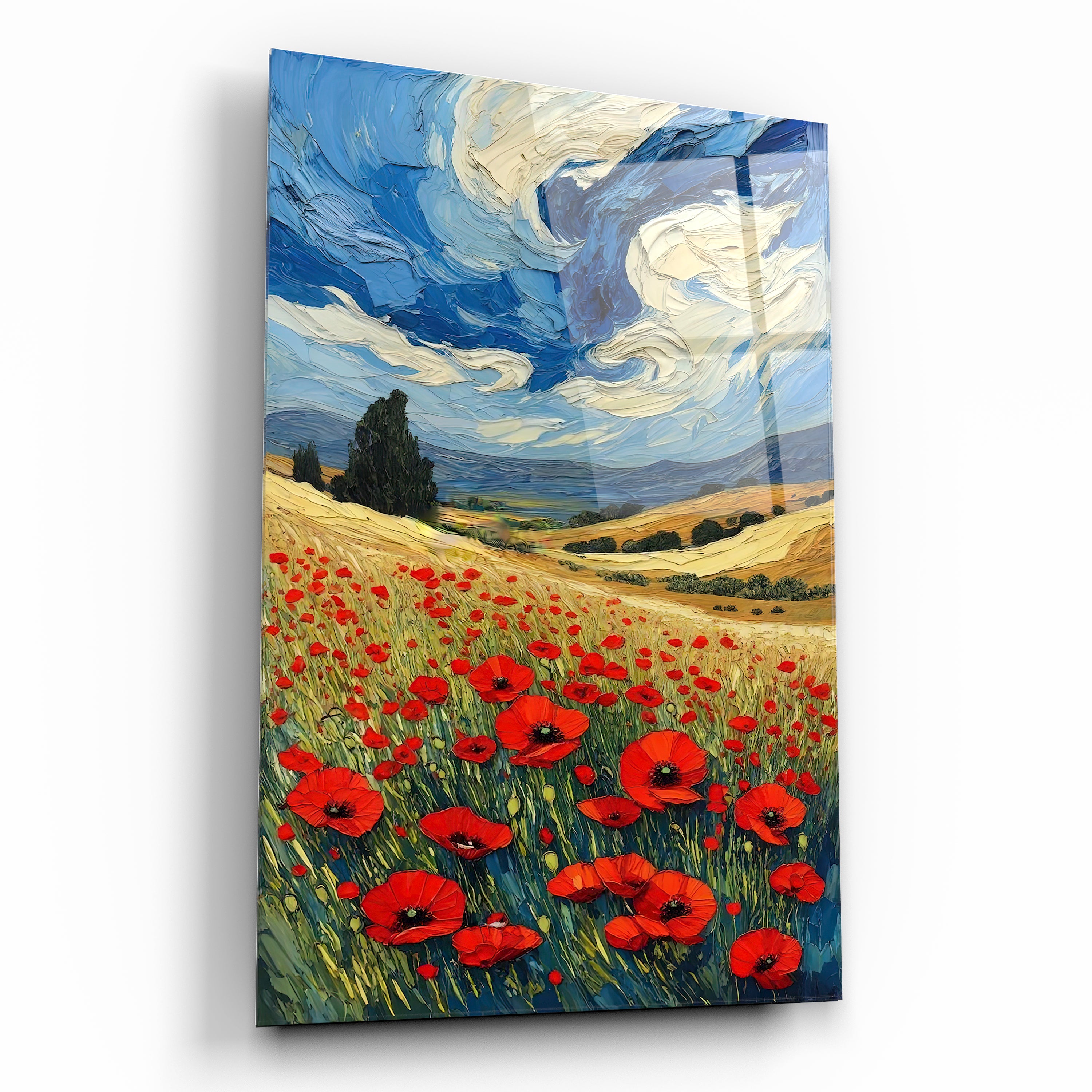 van gogh stili gelincik tarlası cam tablo