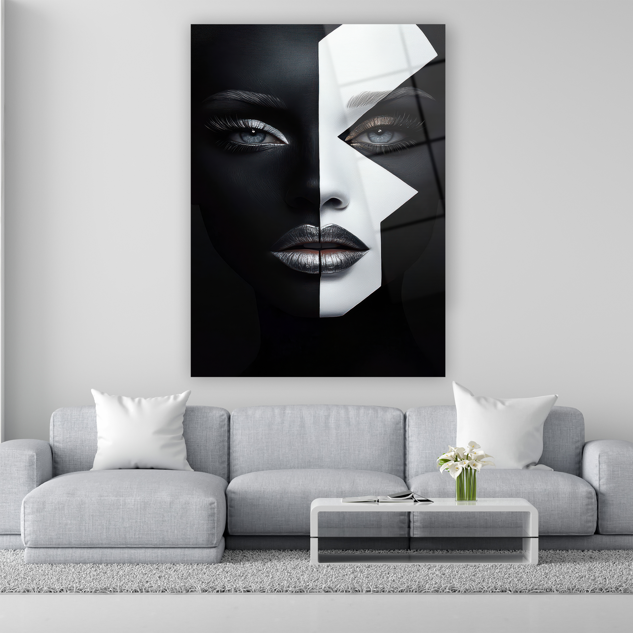 black and white geometric face art with silver details