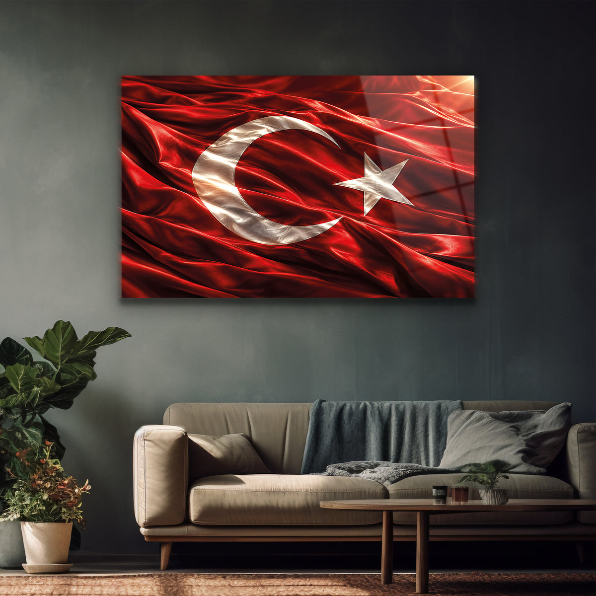 Kırmızı beyaz ay yıldızlı dekoratif cam tablo