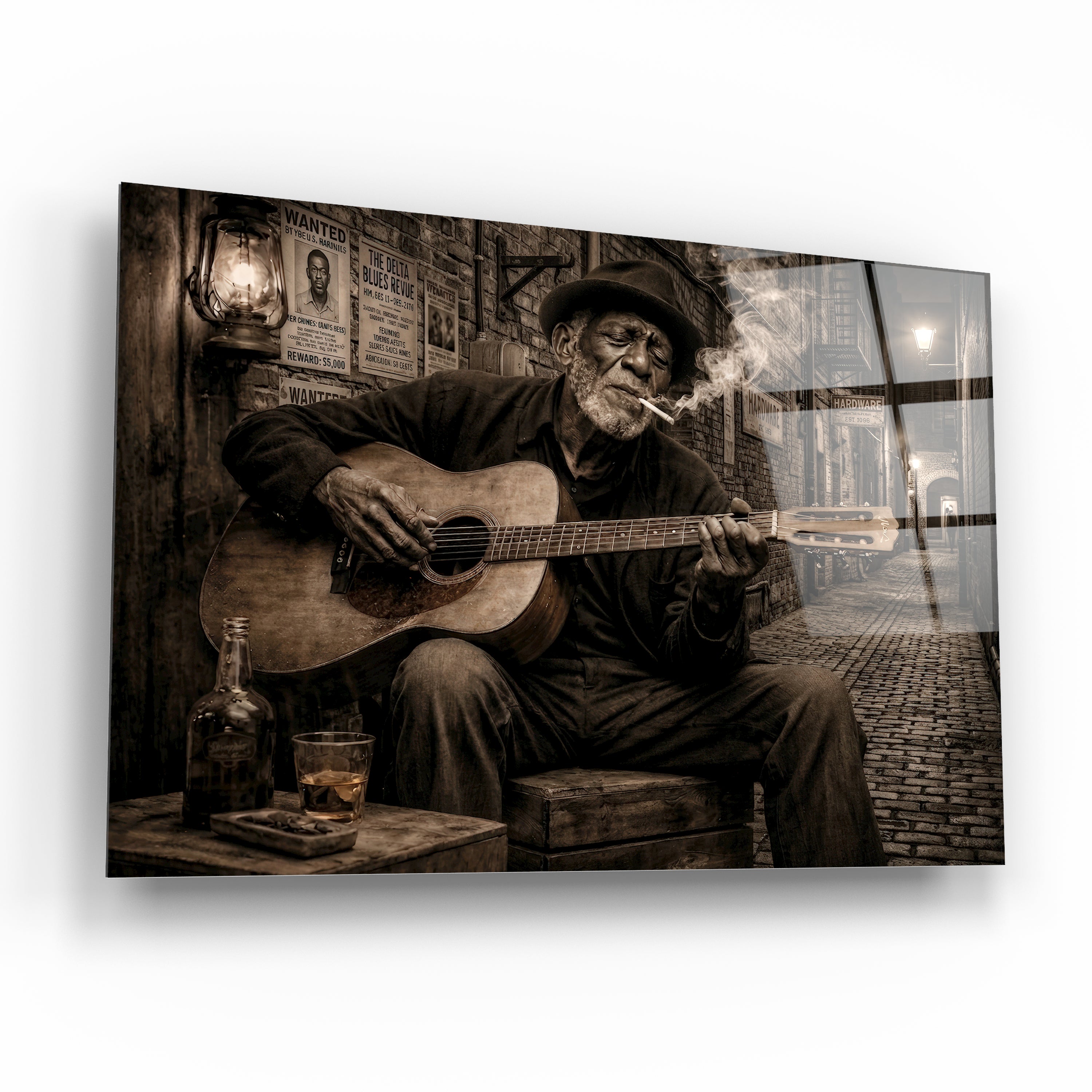gitarist cam tablo vintage sokak müzisyeni caz blues teması