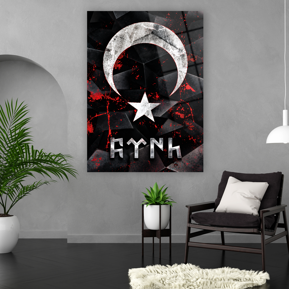 Modern Göktürk motifli ay yıldız cam tablo