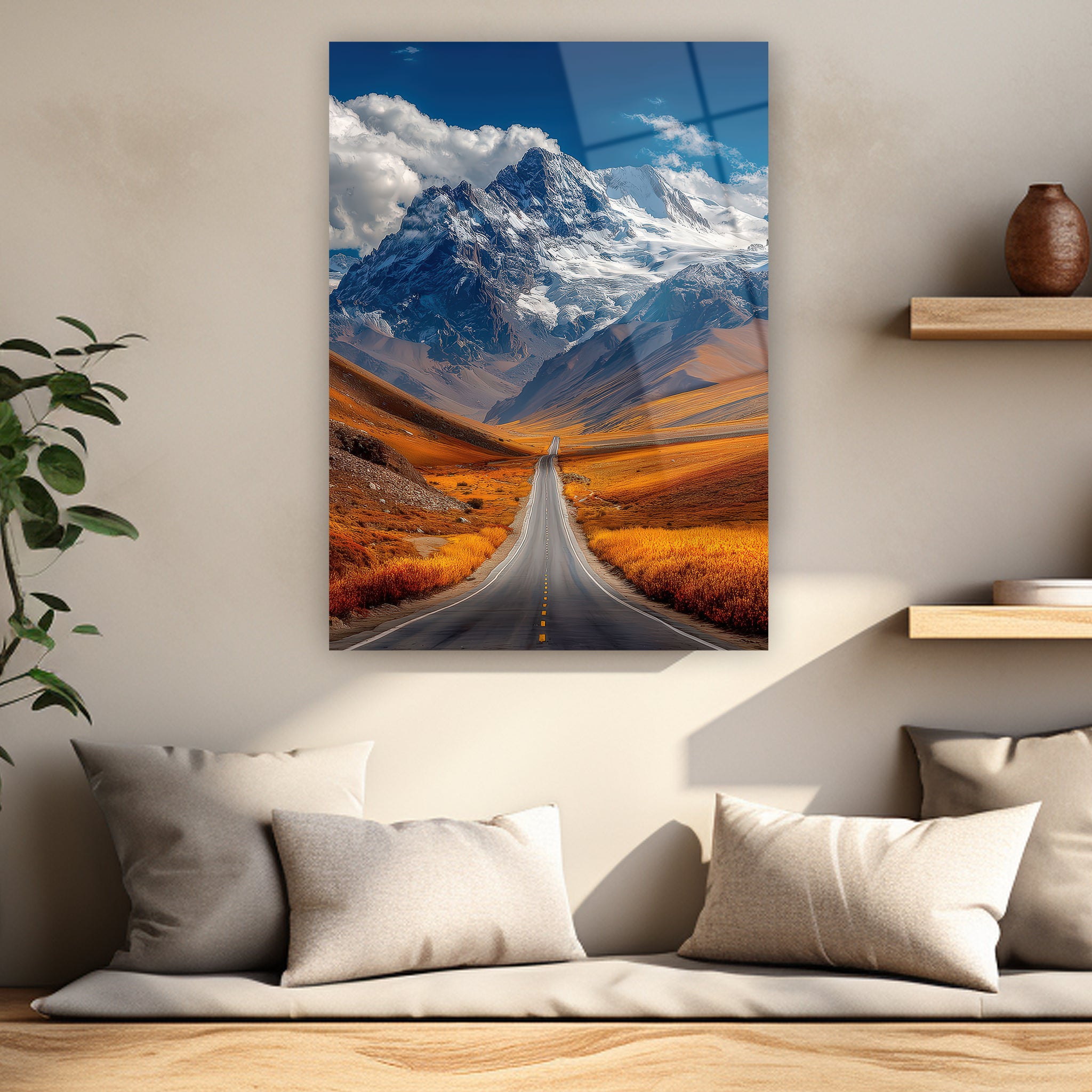 snow capped majestic mountain endless road glass art