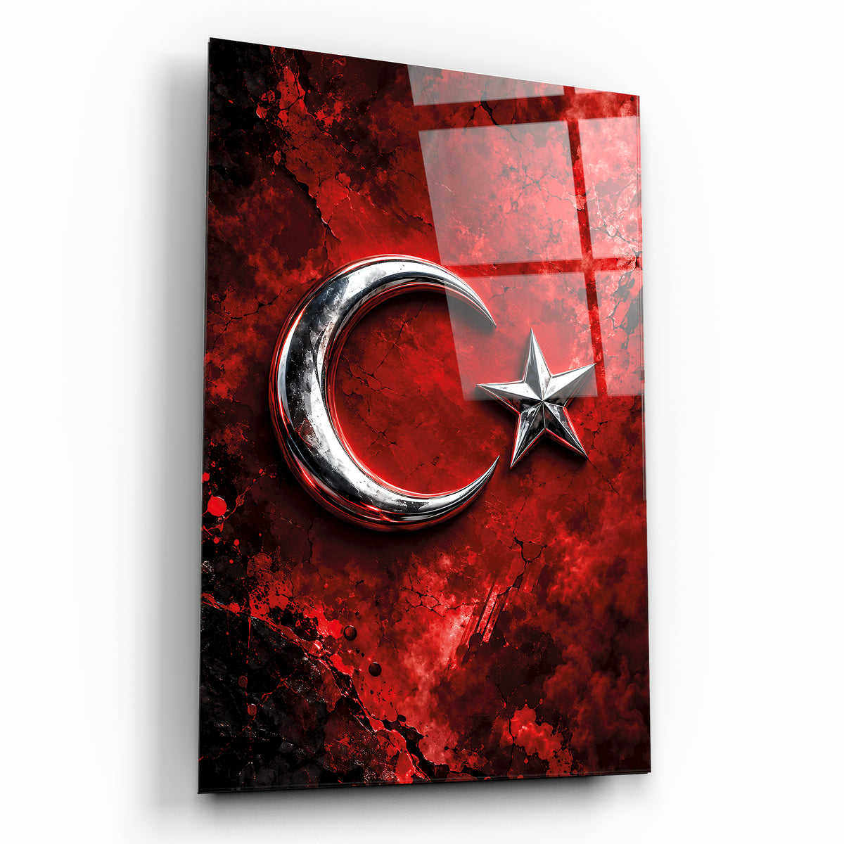 Gümüş Ay Yıldız kırmızı siyah cam tablo