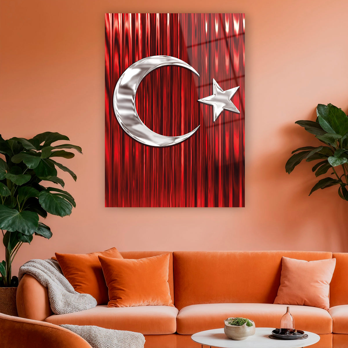 Kırmızı zeminli modern Türk Bayrağı temperli cam tablo
