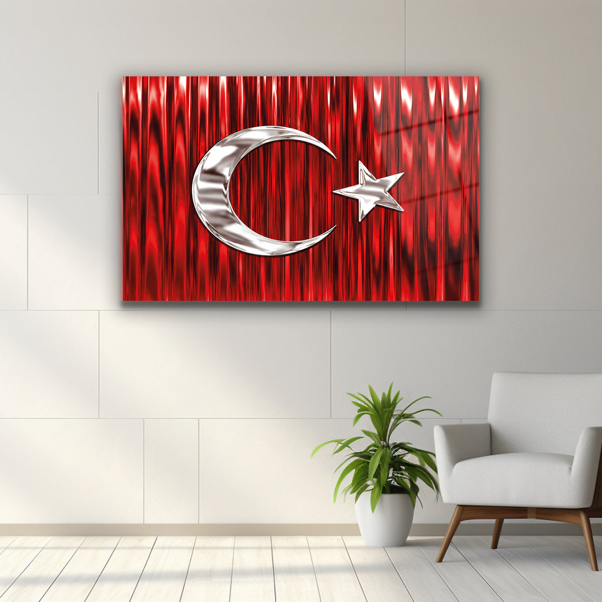 Gümüş ay yıldızlı kırmızı Türk Bayrağı cam tablo