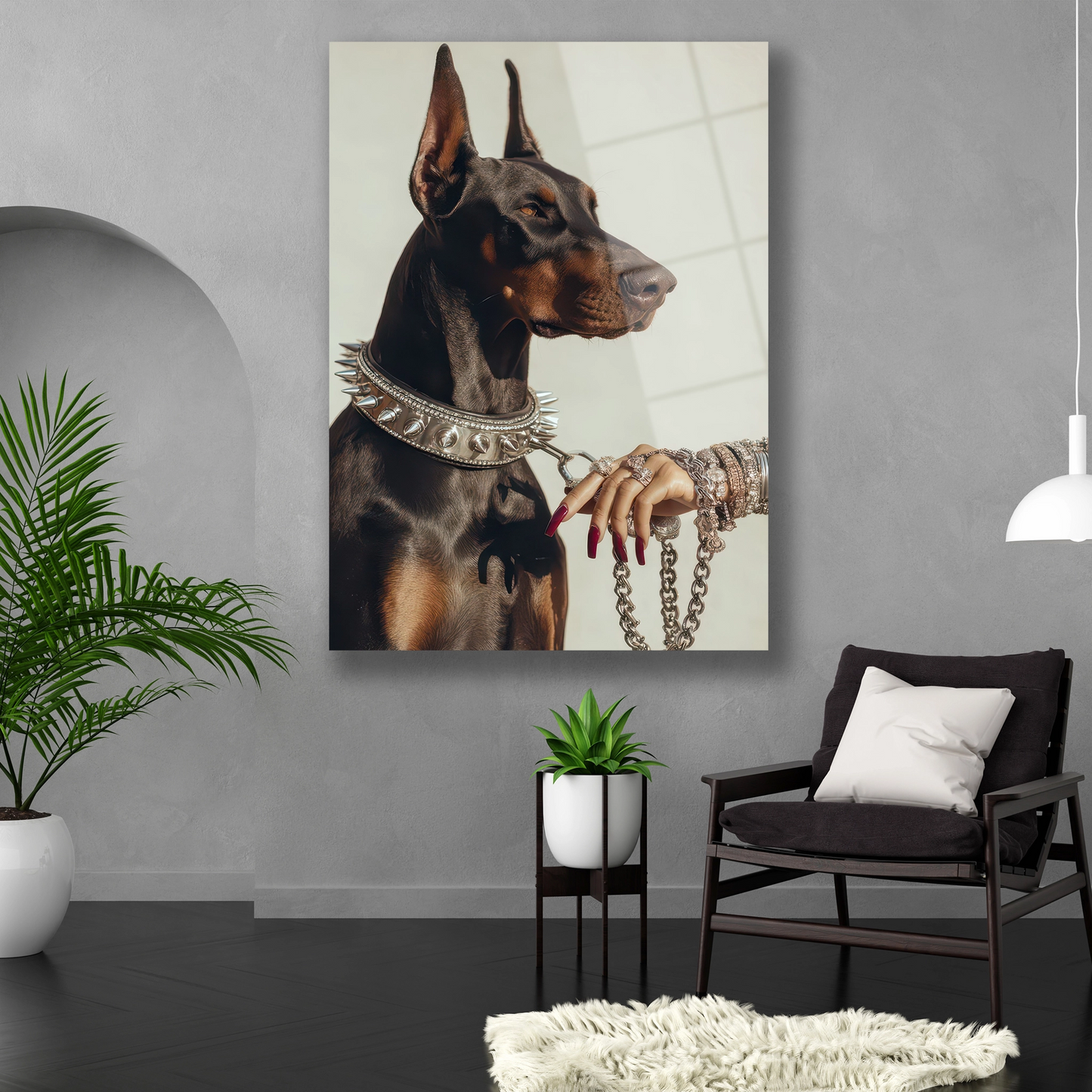 Dikey formda siyah Doberman ve gümüş takı konseptli duvar dekoru