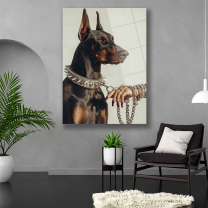 Dikey formda siyah Doberman ve gümüş takı konseptli duvar dekoru