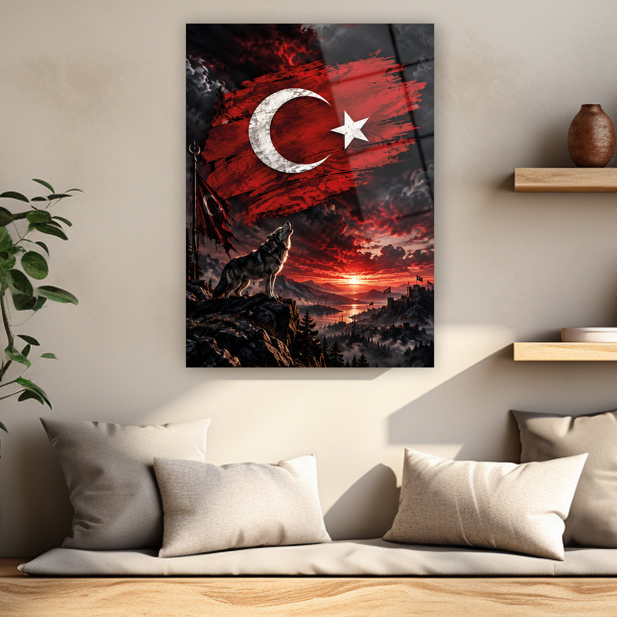 Gün batımında bozkurt Türk sancağı duvar tablosu