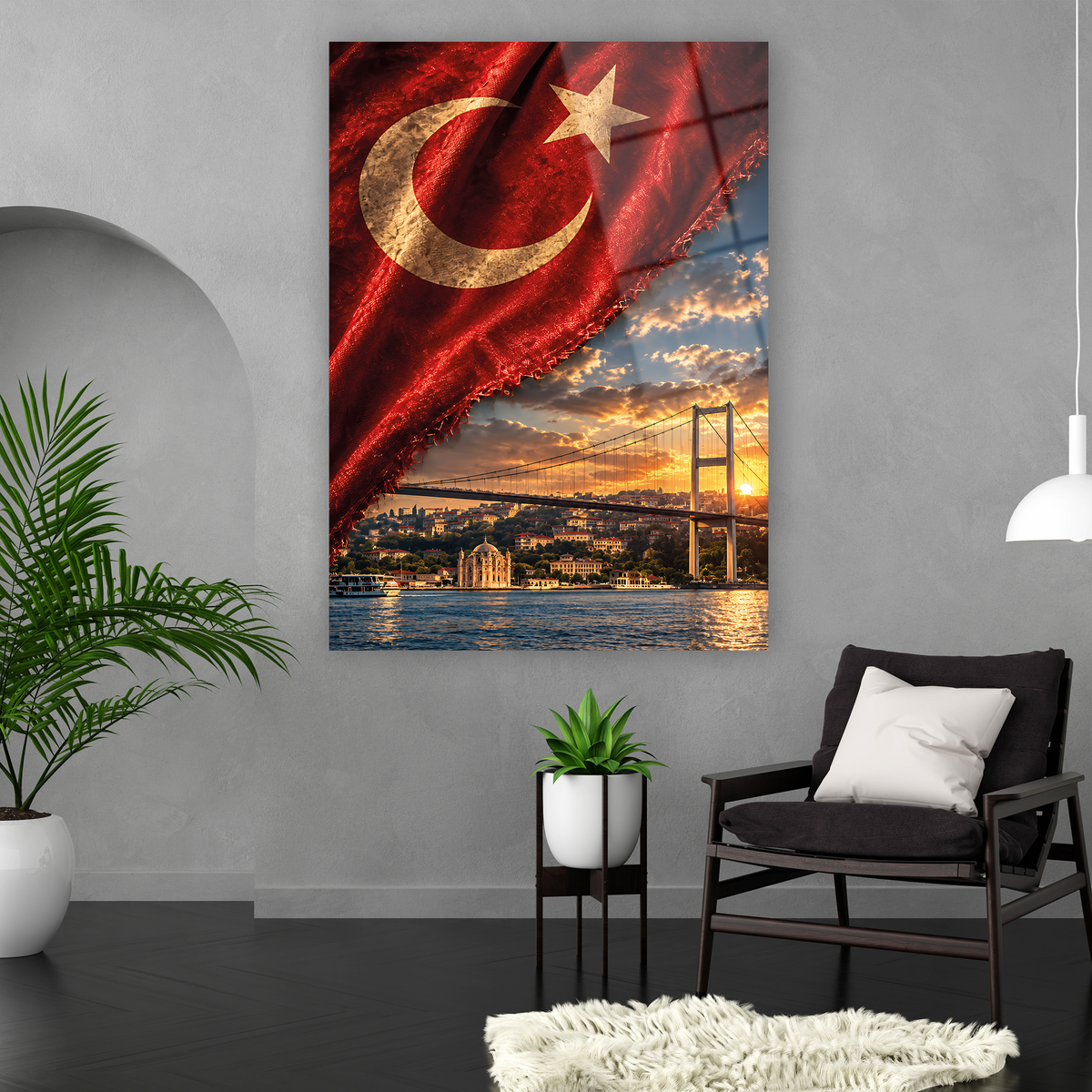 Gün batımında İstanbul ve Türk Bayrağı cam tablo