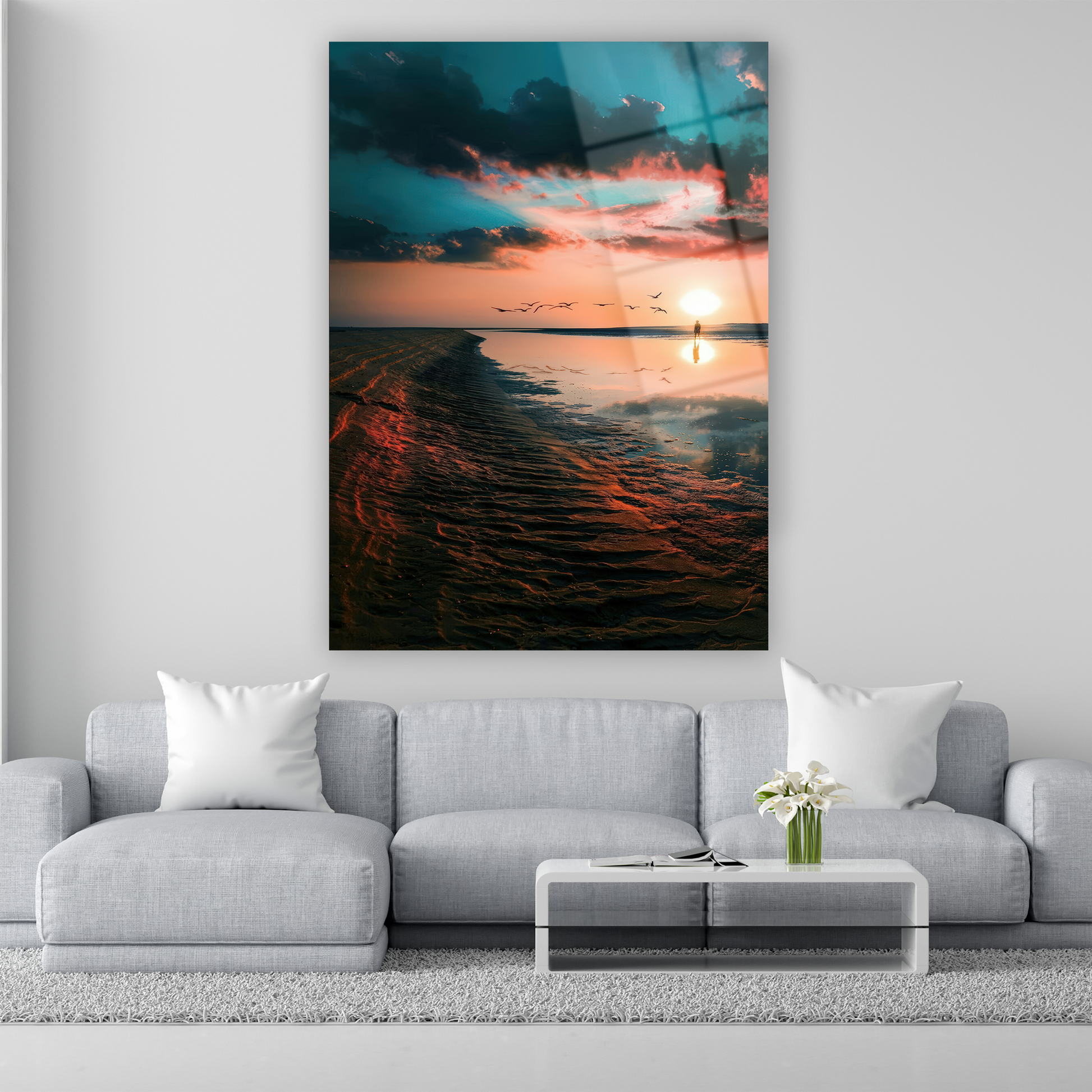 gün batımı manzarası ve sahil yansıması cam tablo