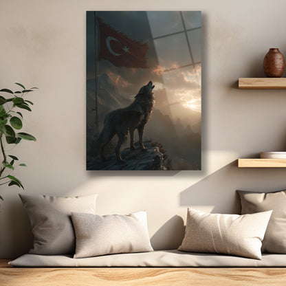 bozkurt ve dalgalanan bayrak cam tablo