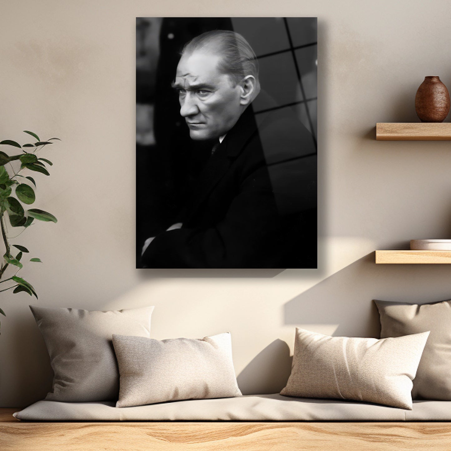 siyah beyaz öfkeli bakışlı atatürk cam tablo