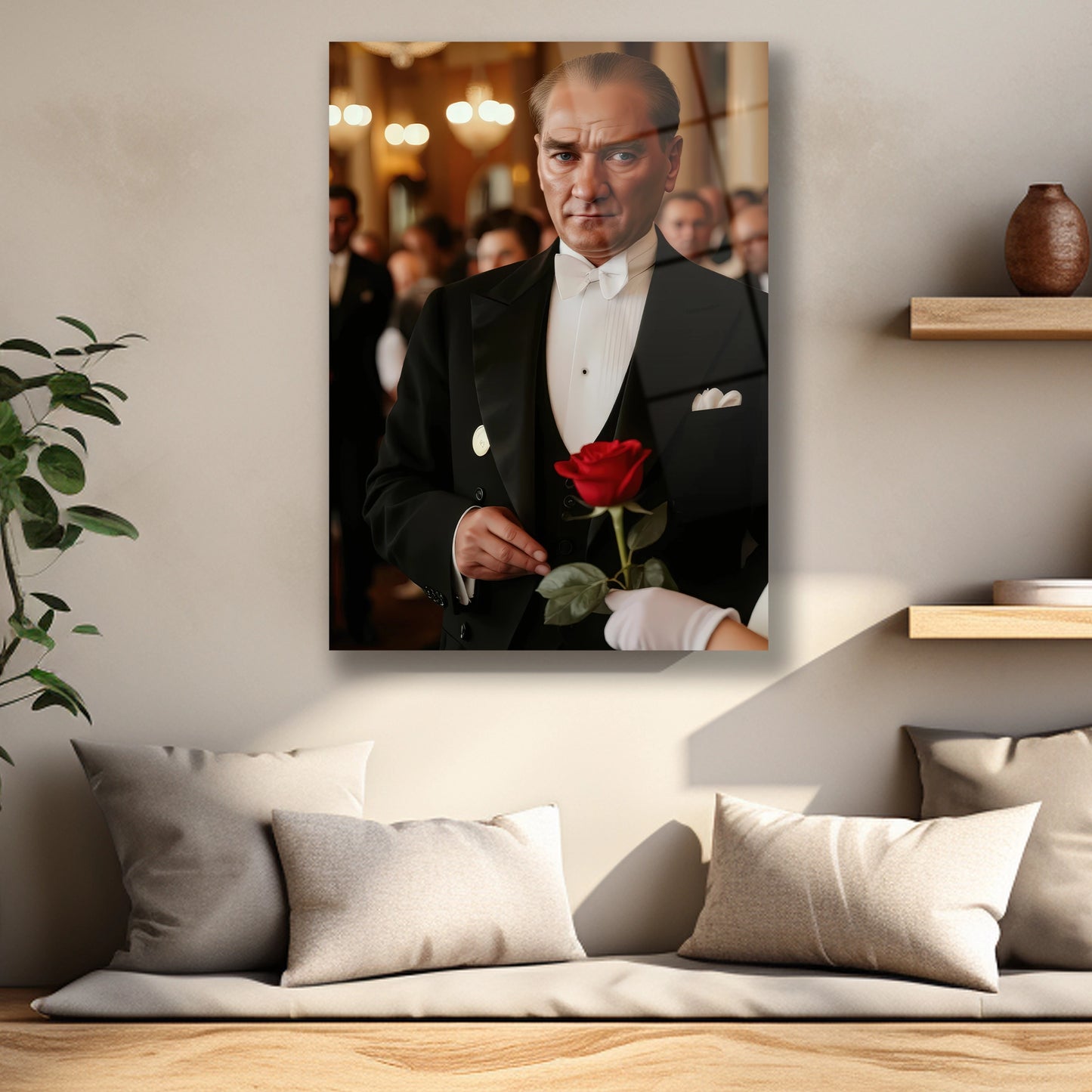 atatürk elinde gül cam tablo