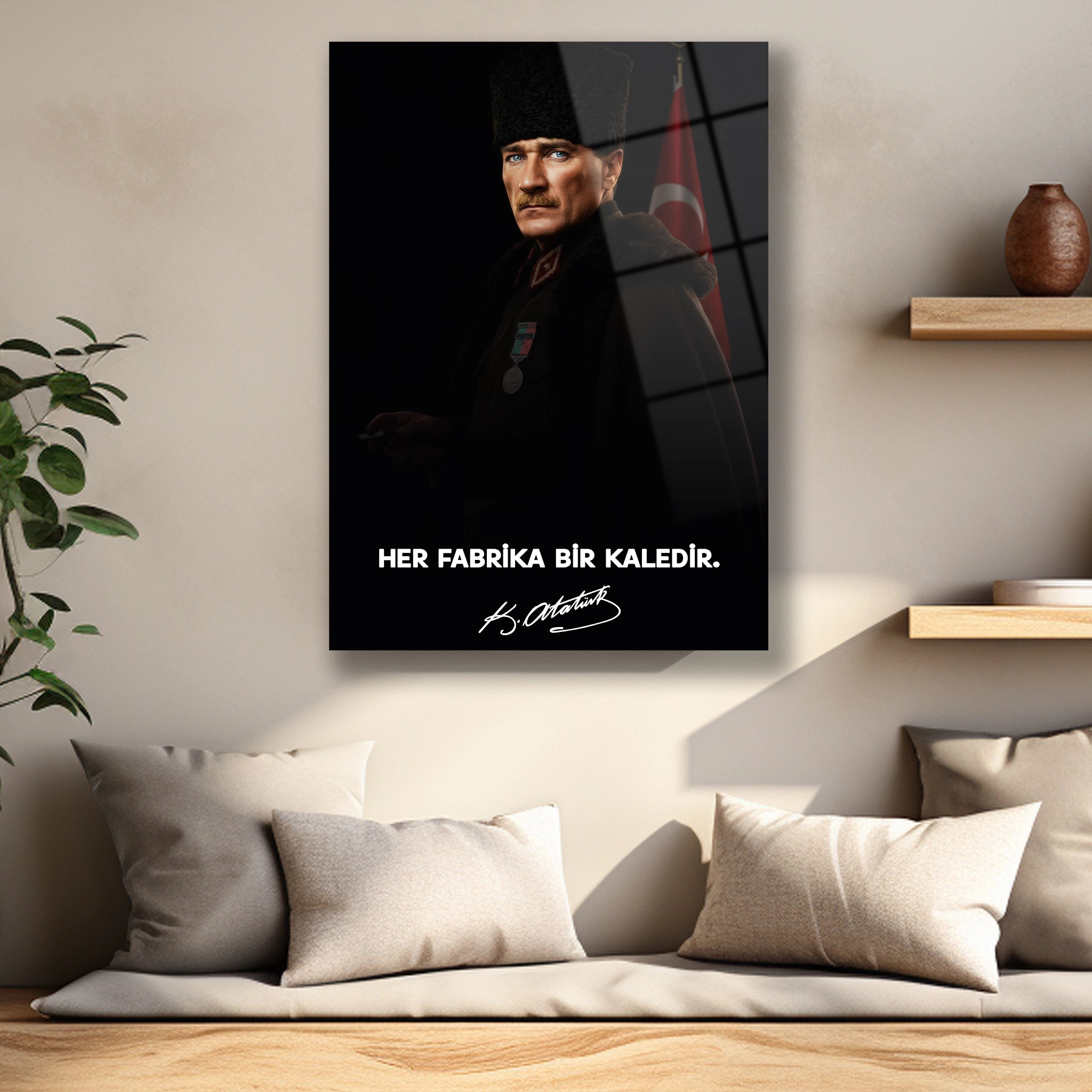 her fabrika bir kaledir atatürk imzalı cam  tablo