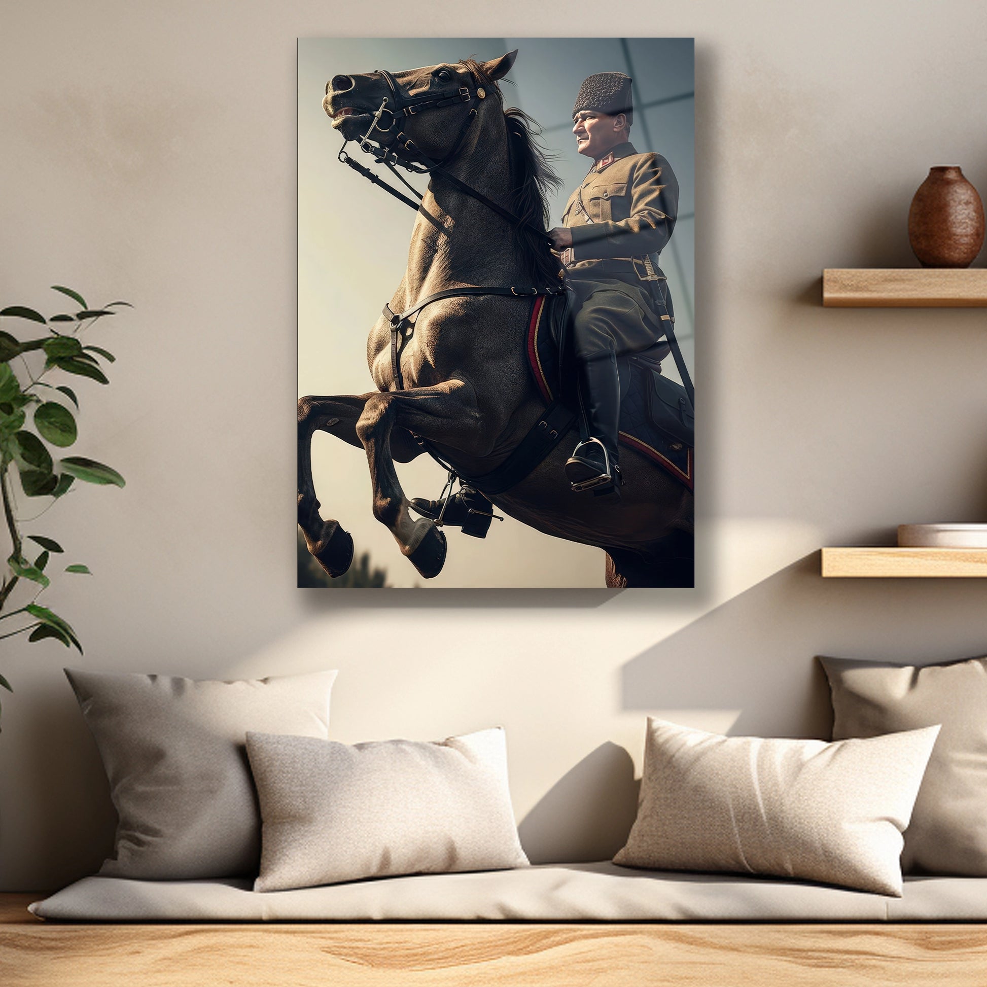 atıyla bütünleşmiş, yol gösteren bir liderin silüeti cam tablo