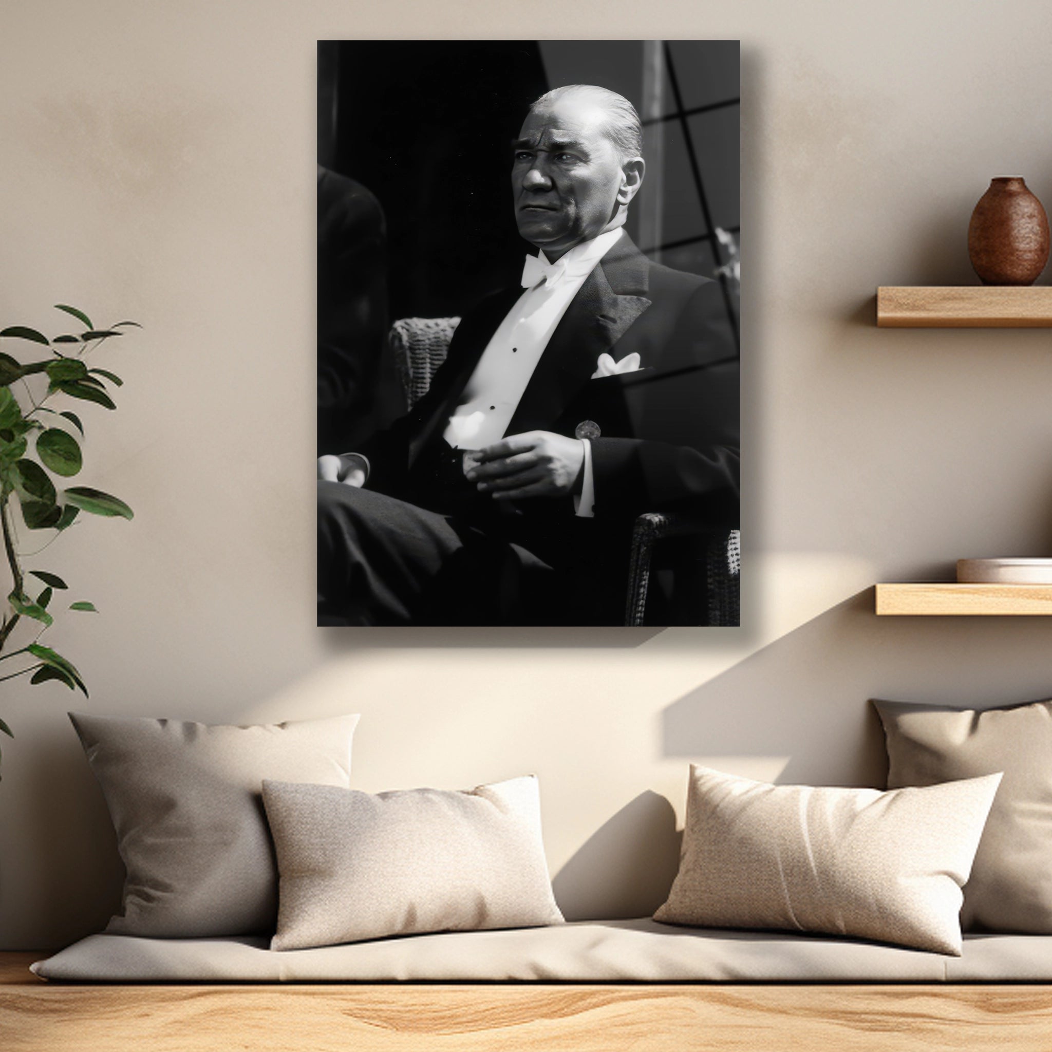 Duruşunda otorite olan Atatürk'ün portresi cam tablo