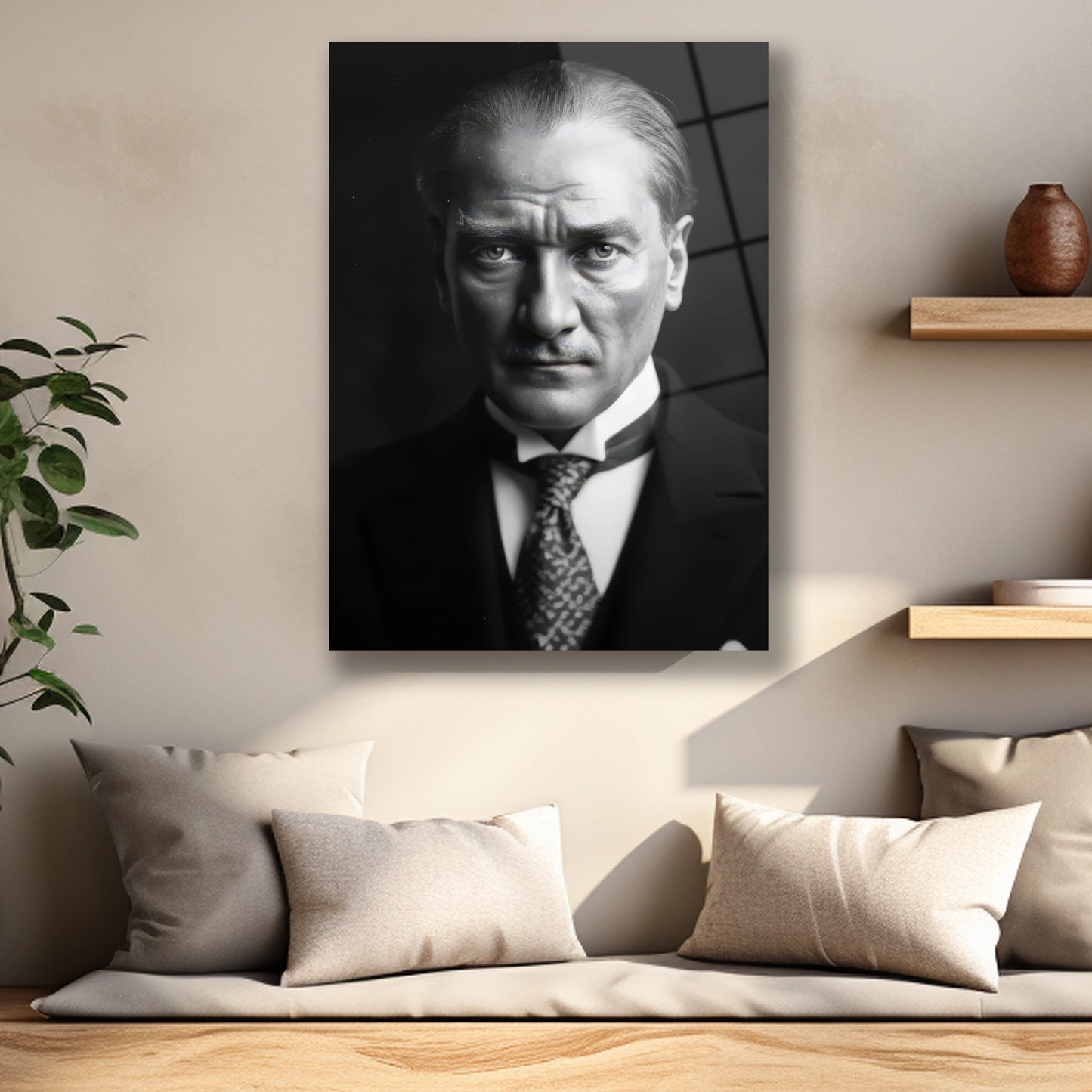 masum bakışlı siyah beyaz Atatürk cam tablo