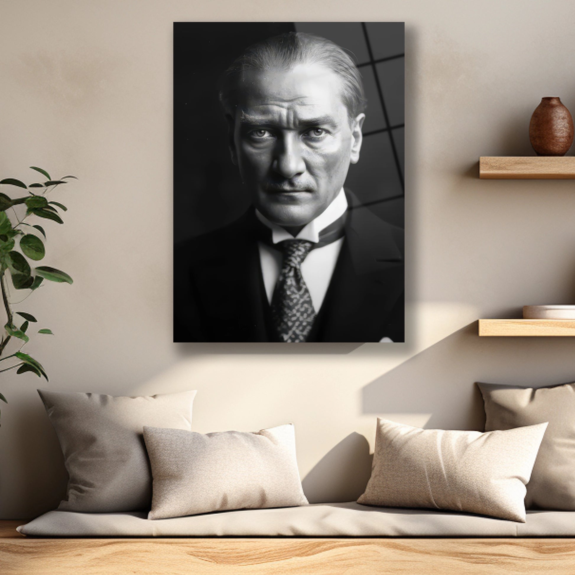 masum bakışlı siyah beyaz Atatürk cam tablo